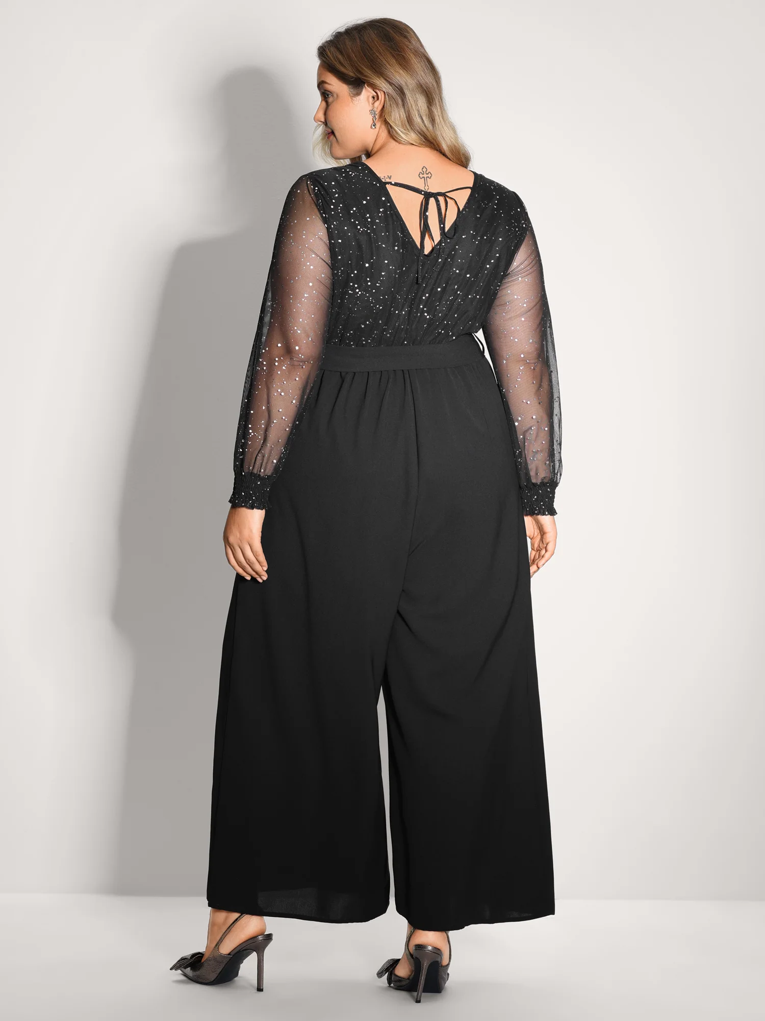 Sparkly V Neck Sheer Belted Wide Leg Jumpsuit - Image 4