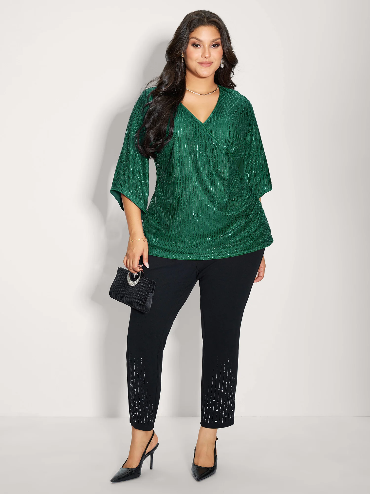 Shimmery Sequin Gathered Flared Sleeve Blouse - Image 11