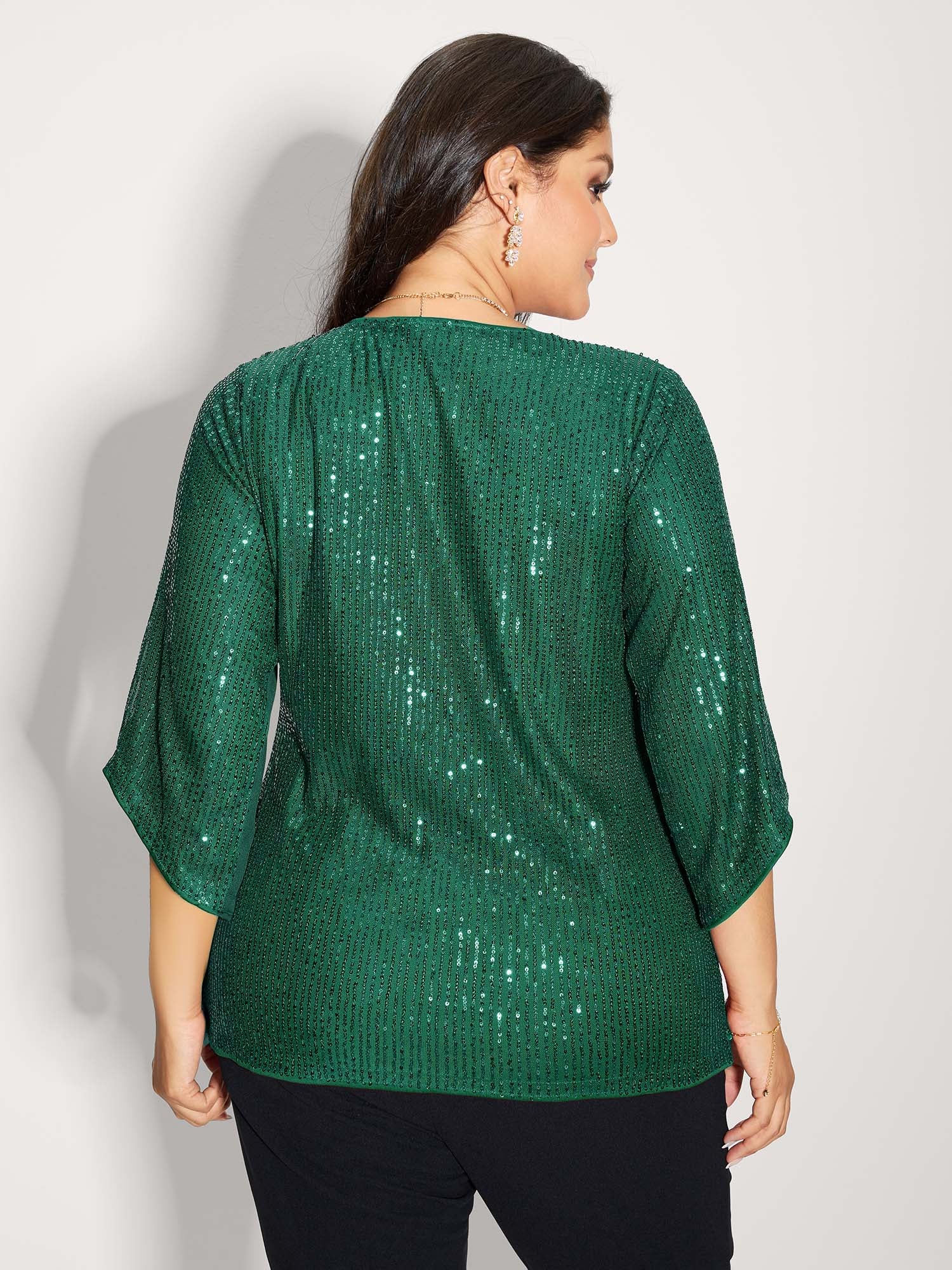 Shimmery Sequin Gathered Flared Sleeve Blouse - Image 13