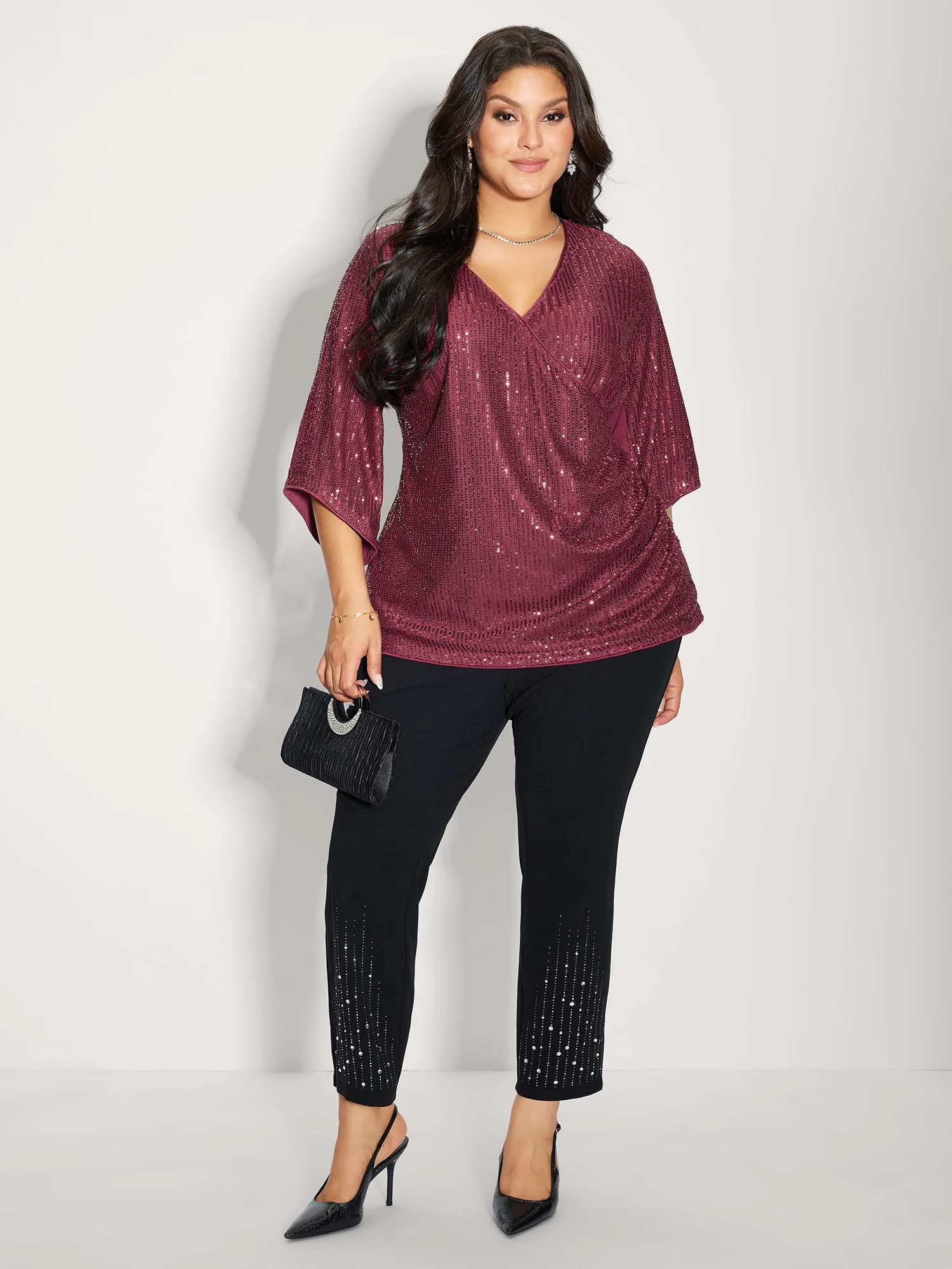 Shimmery Sequin Gathered Flared Sleeve Blouse - Image 3