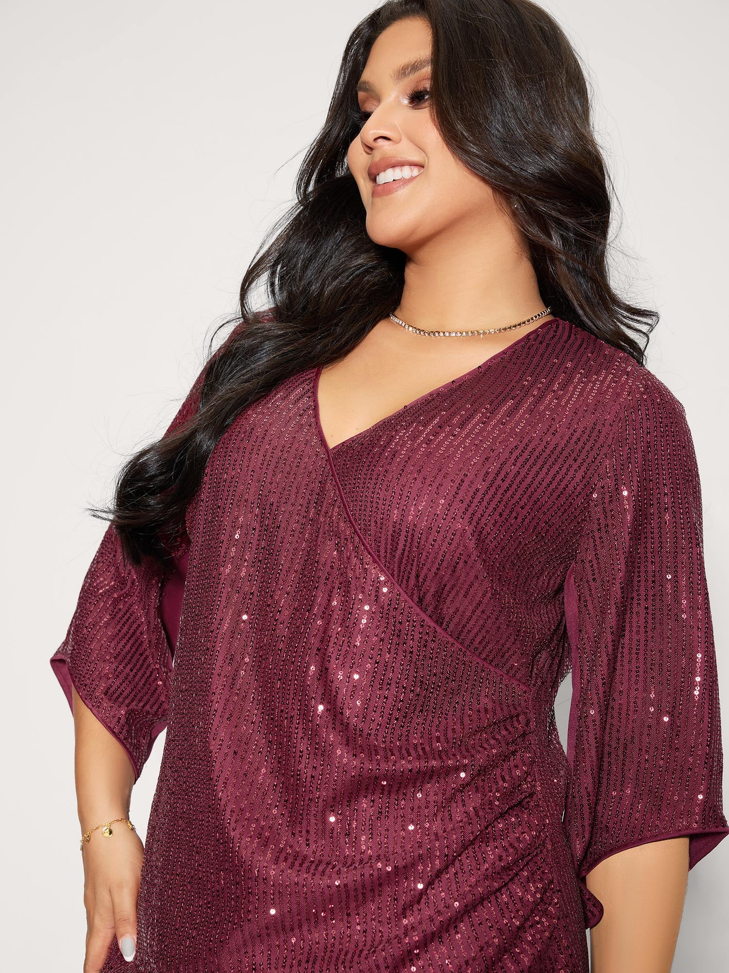 Shimmery Sequin Gathered Flared Sleeve Blouse - Image 4