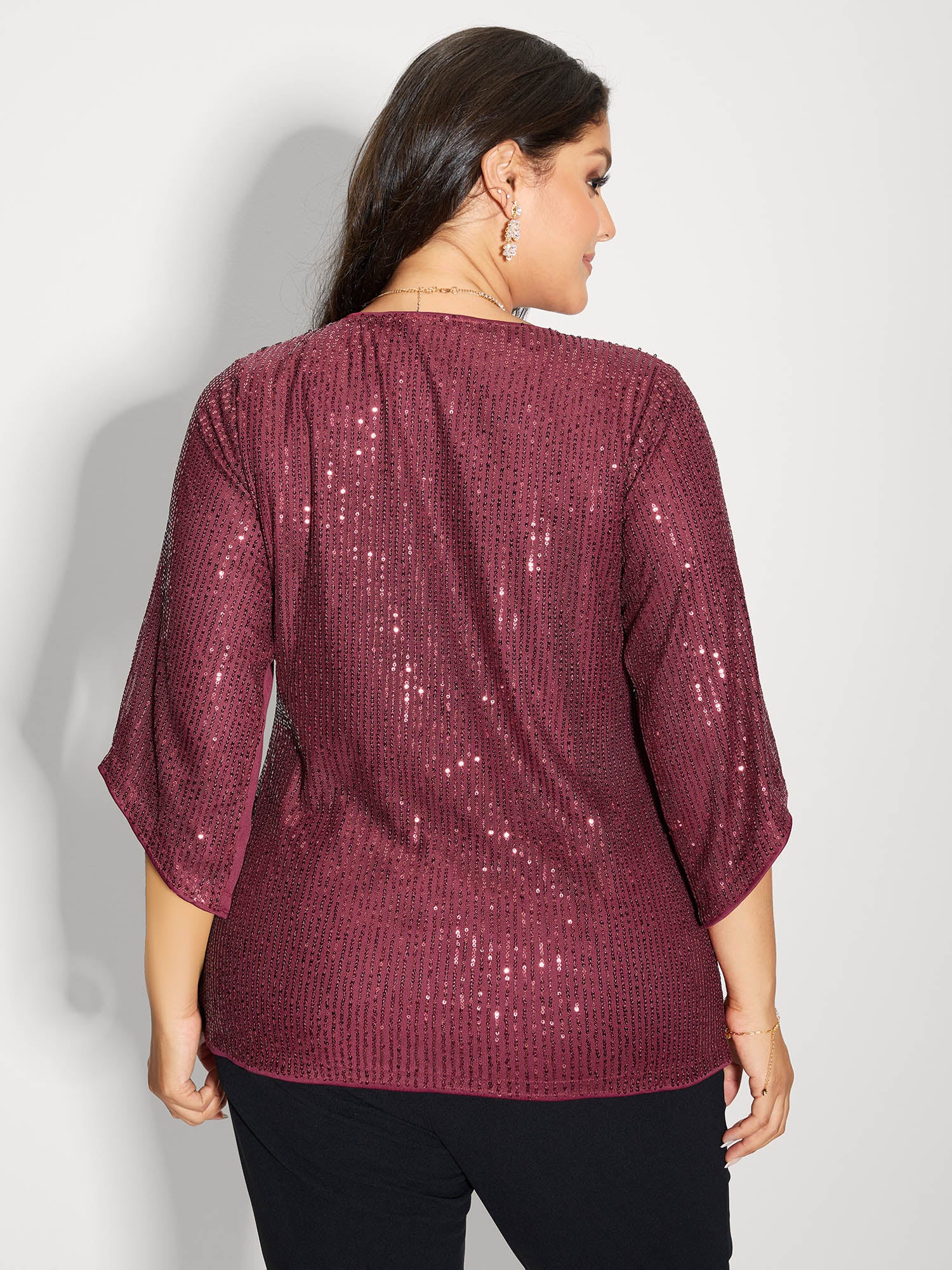 Shimmery Sequin Gathered Flared Sleeve Blouse - Image 5