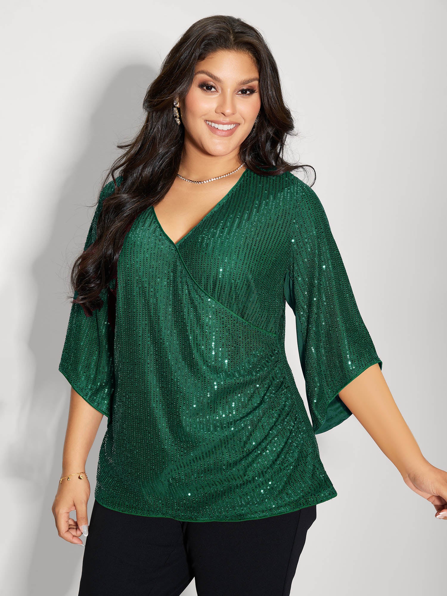 Shimmery Sequin Gathered Flared Sleeve Blouse - Image 9