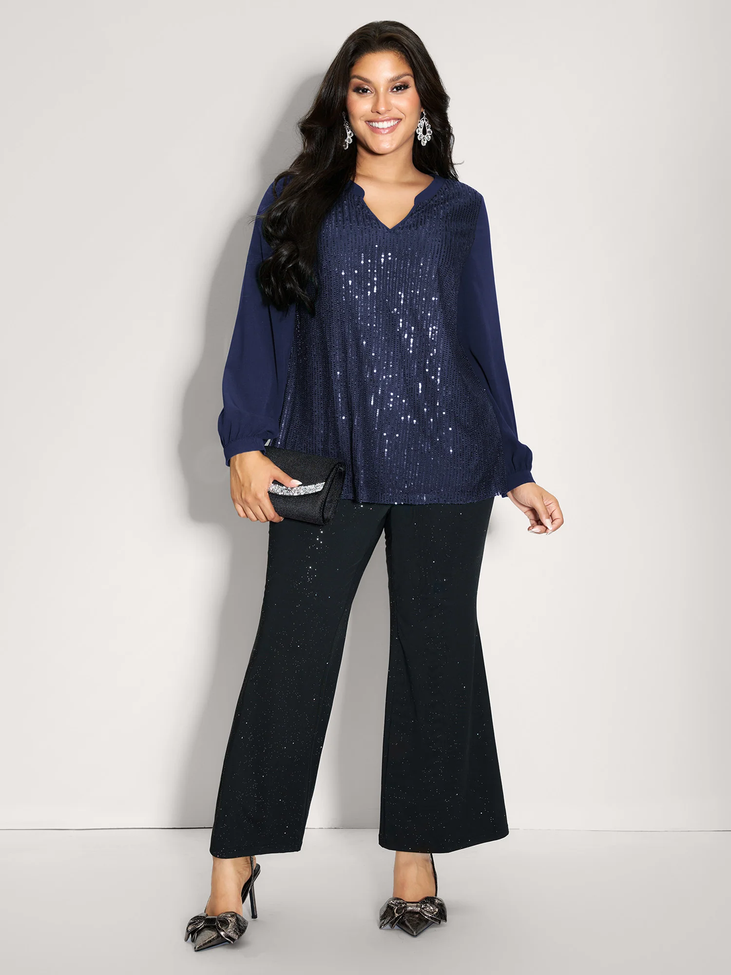 Shimmery Sequin Notched Collar Blouse - Image 15