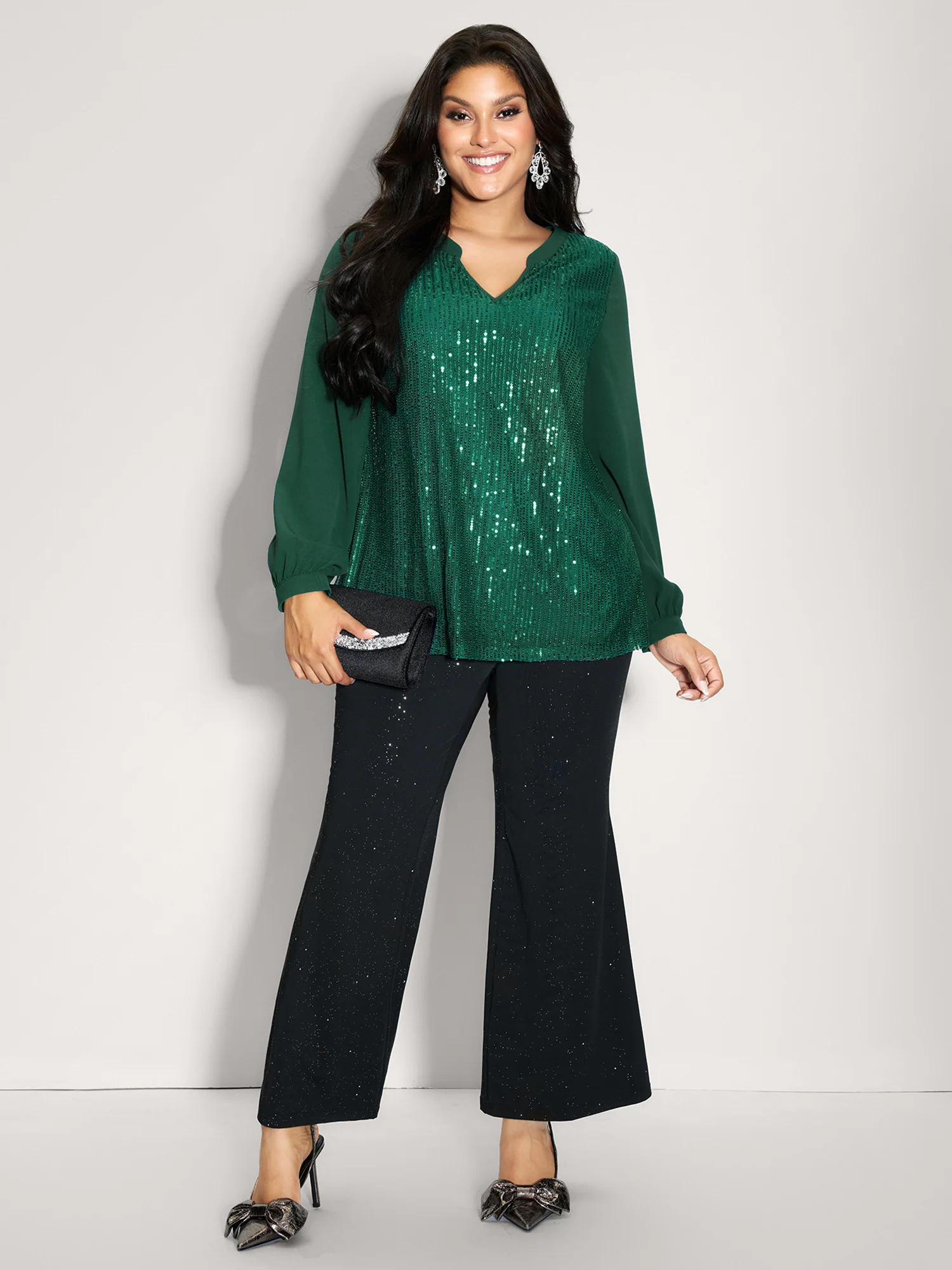 Shimmery Sequin Notched Collar Blouse - Image 3