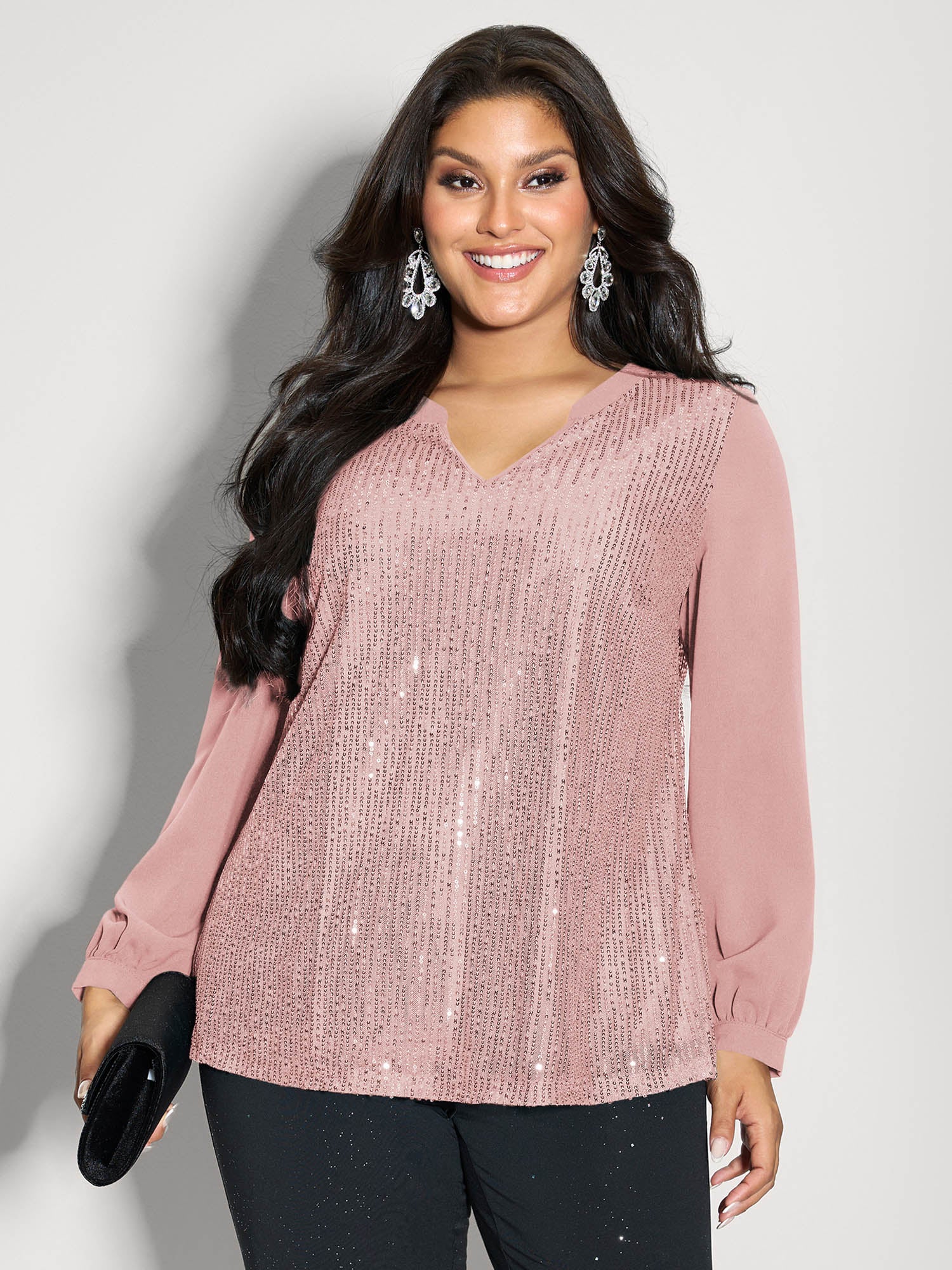 Shimmery Sequin Notched Collar Blouse - Image 7