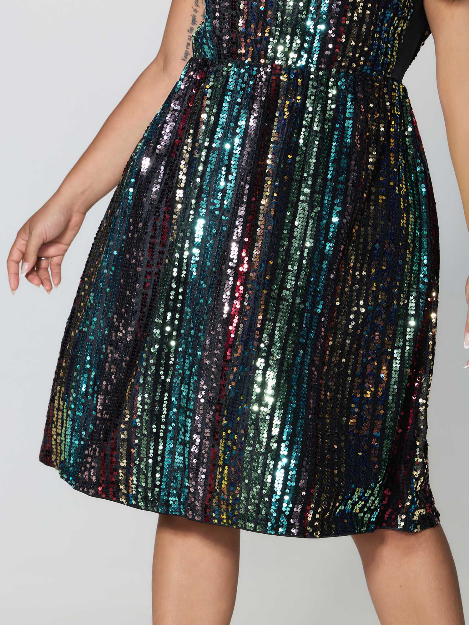 Shimmery Sequin Stripe Cinched-Waist Mini Dress - Image 5
