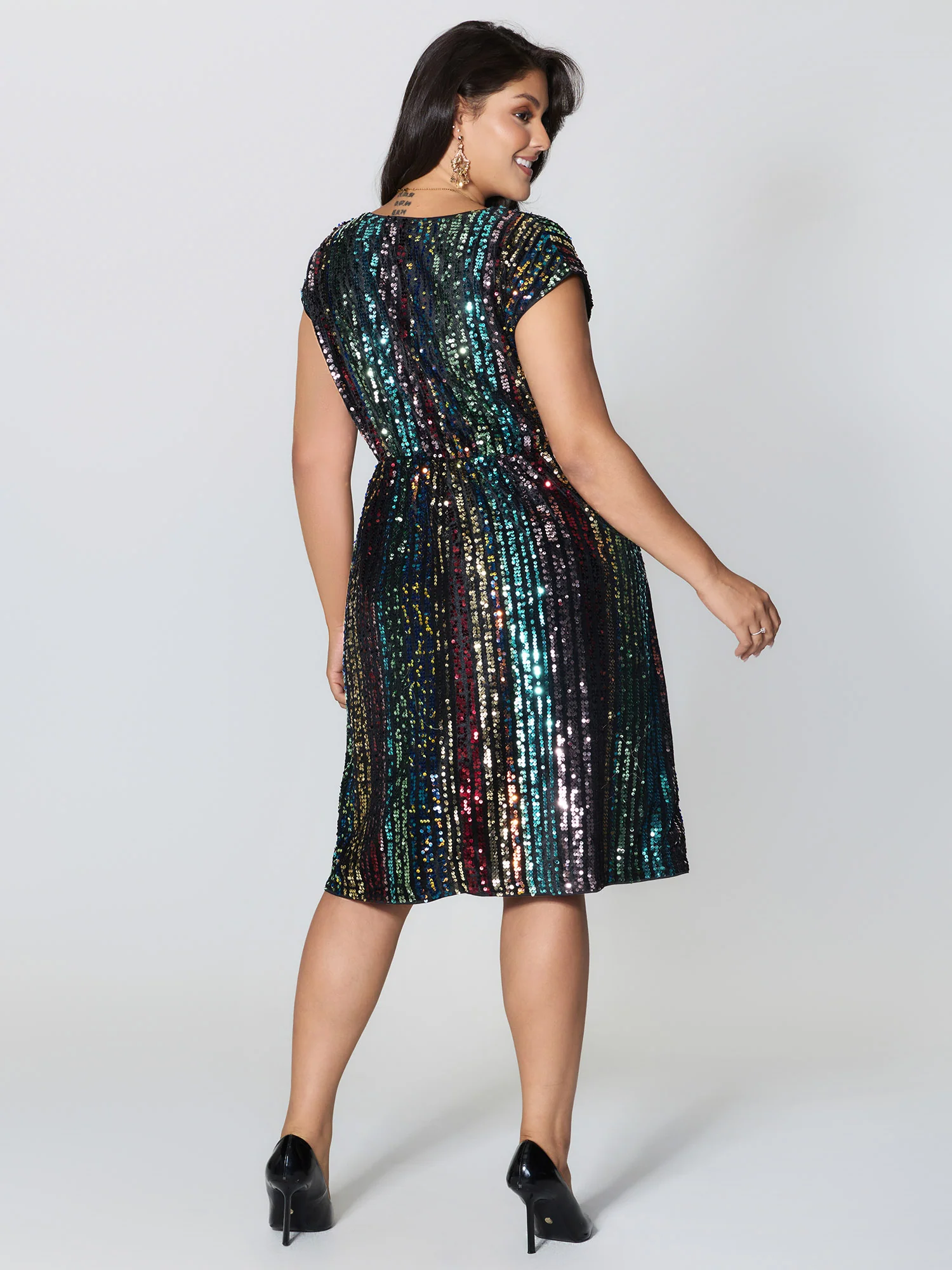 Shimmery Sequin Stripe Cinched-Waist Mini Dress - Image 7