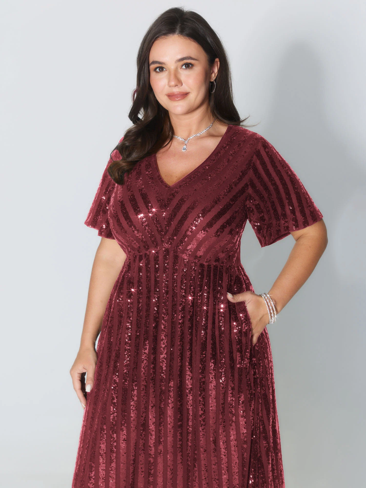 Shimmery Sequin V-Neck Midi Dress - Image 10