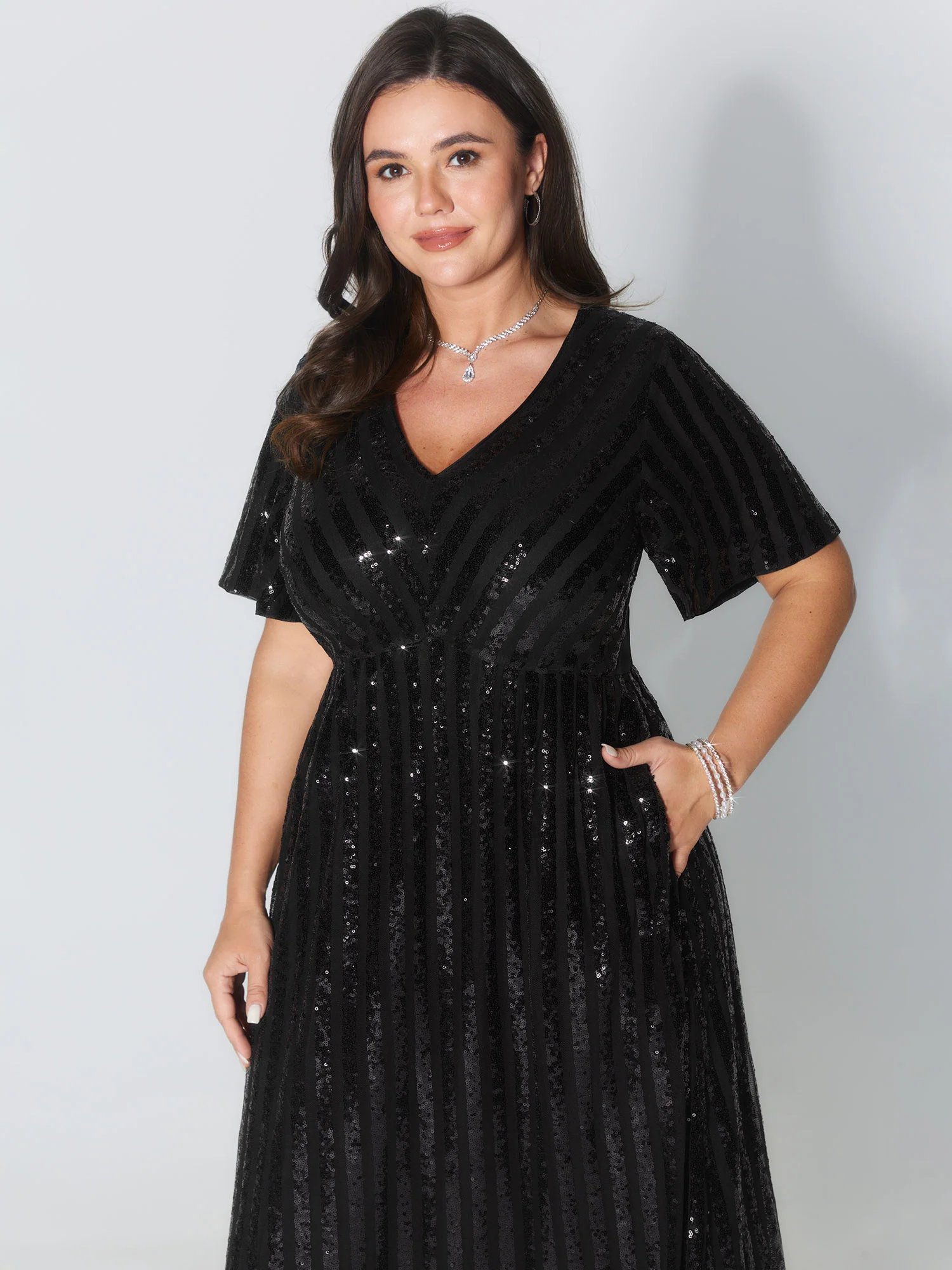 Shimmery Sequin V-Neck Midi Dress - Image 3