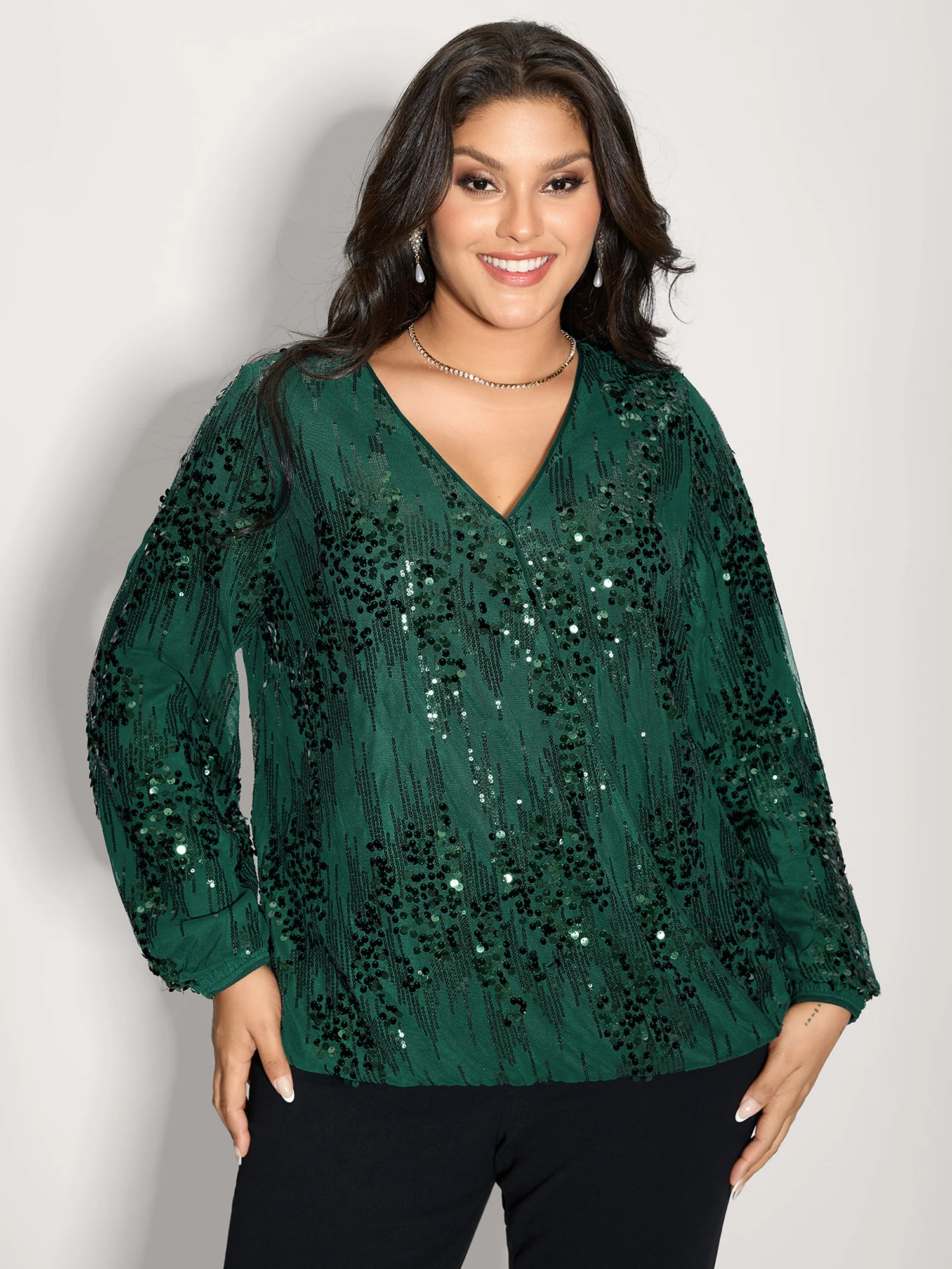 Shimmery Sequin Wrap V-Neck Blouse - Image 2