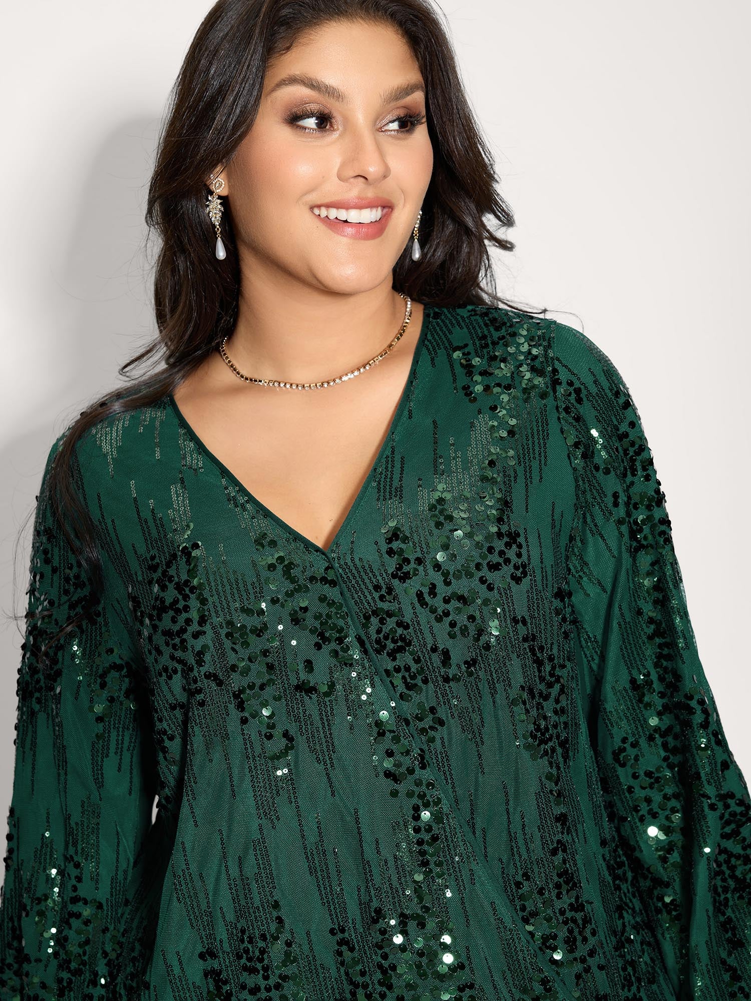 Shimmery Sequin Wrap V-Neck Blouse - Image 3