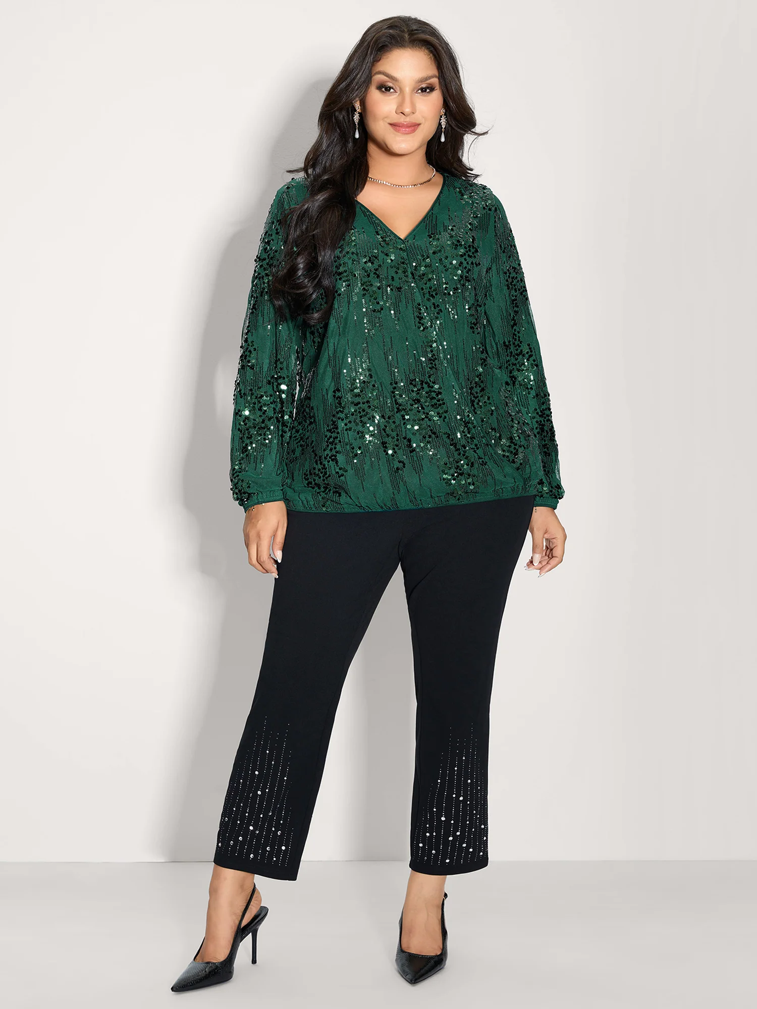 Shimmery Sequin Wrap V-Neck Blouse - Image 4