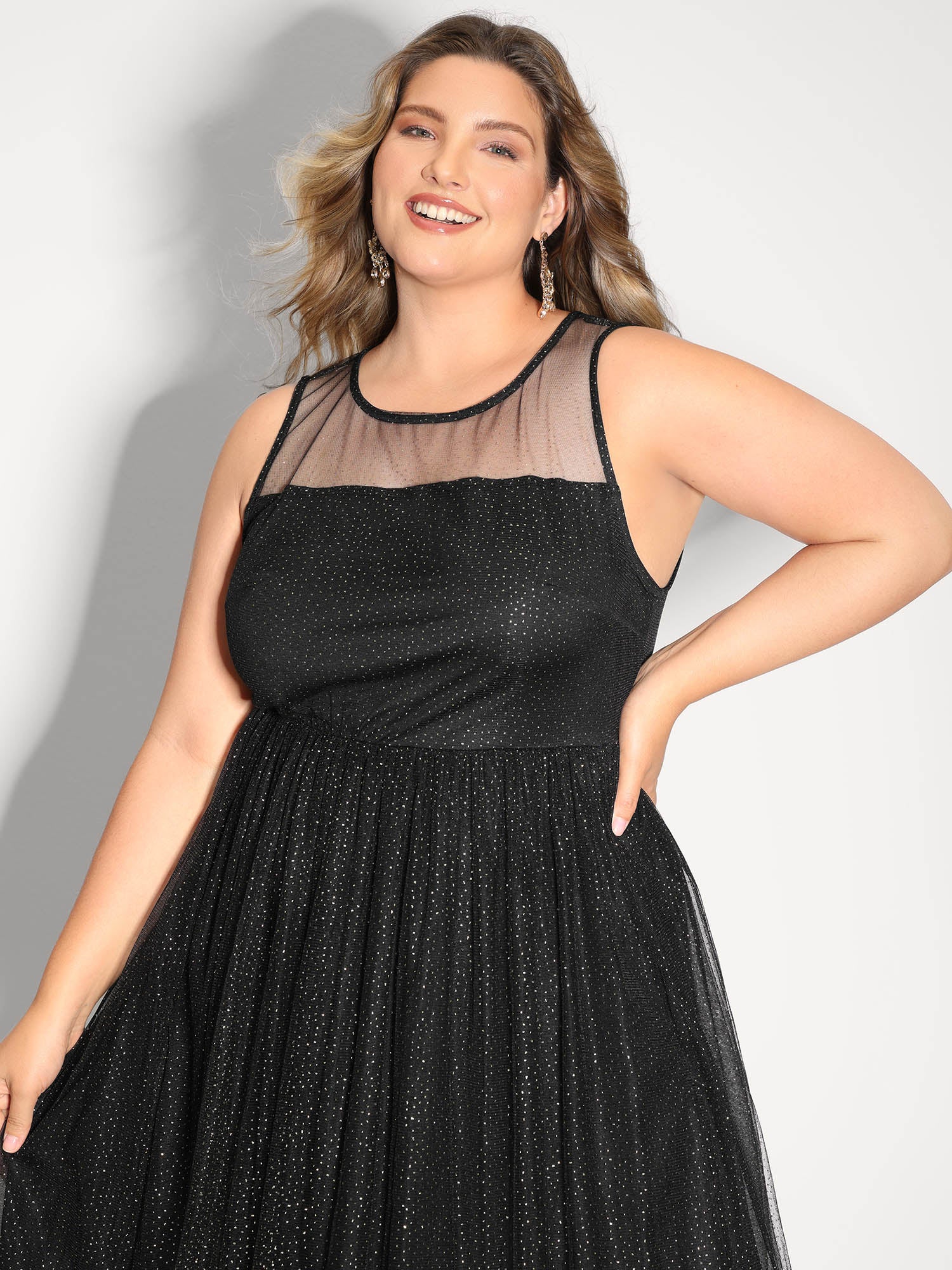 Shimmery Sheer Neckline Flowy Maxi Dress - Image 2