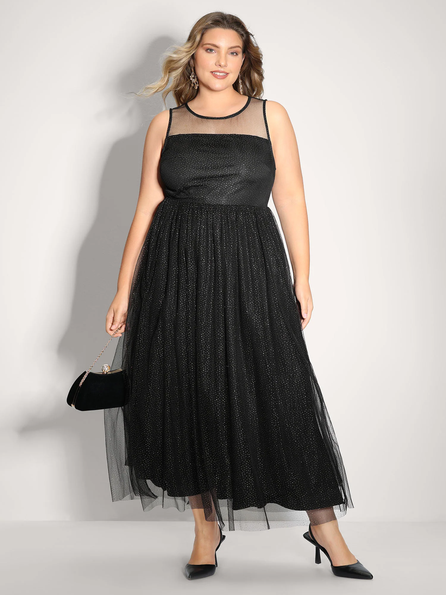 Shimmery Sheer Neckline Flowy Maxi Dress - Image 3
