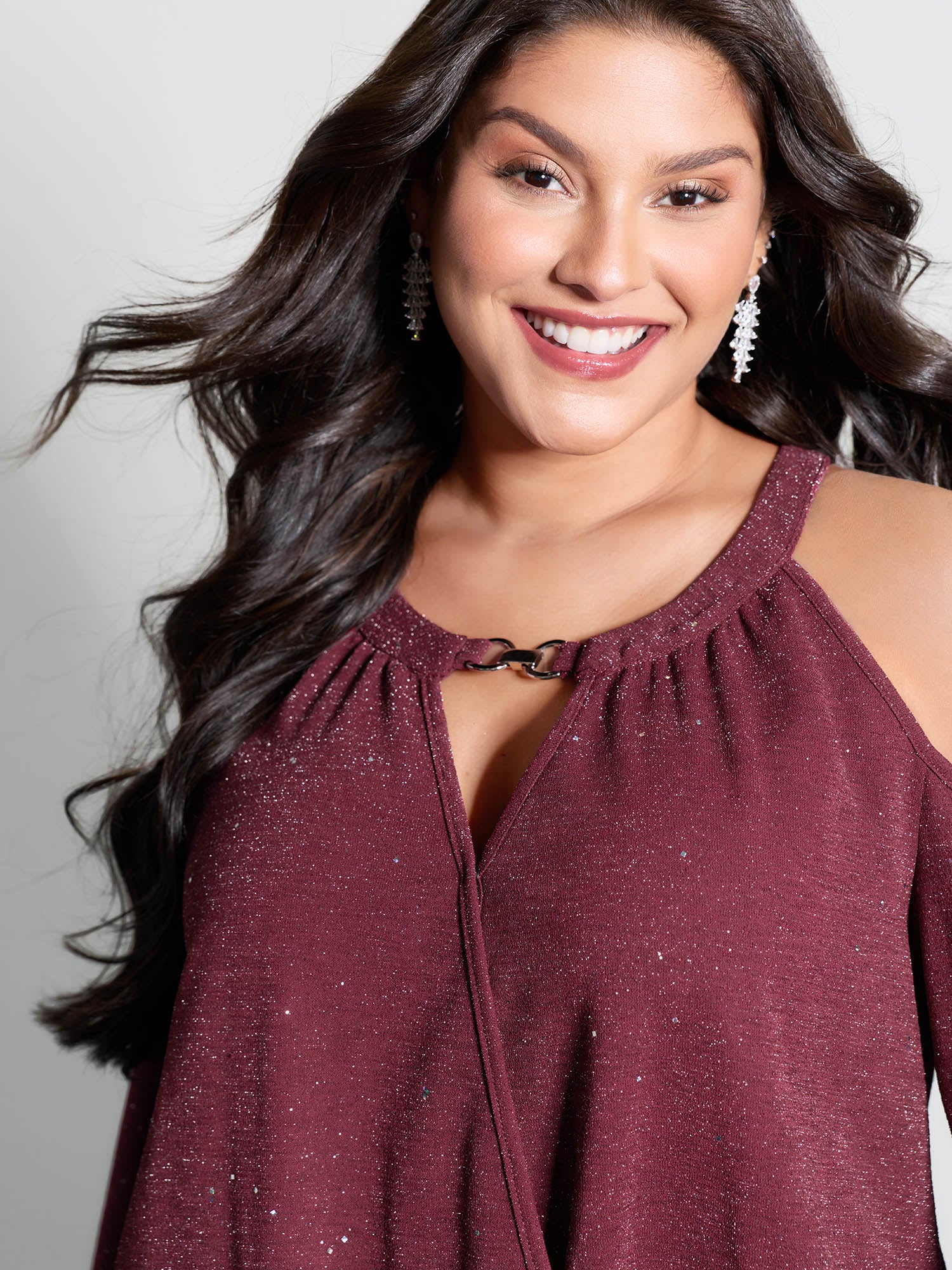 Shimmery Silk Wrap Cut-Out Shoulder Blouse - Image 2