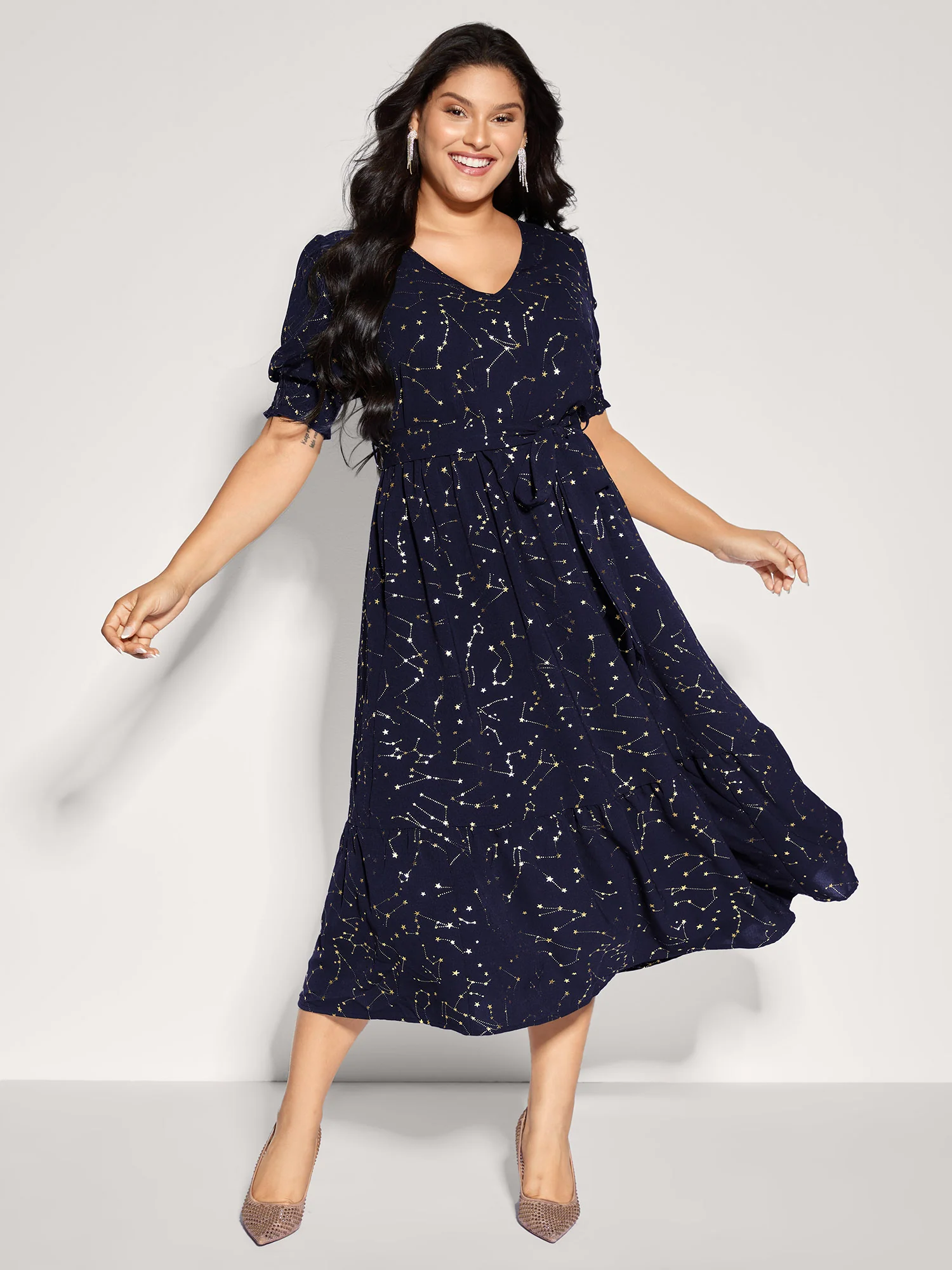 Shimmery Star Print Stretchy-Waist Midi Dress - Image 10