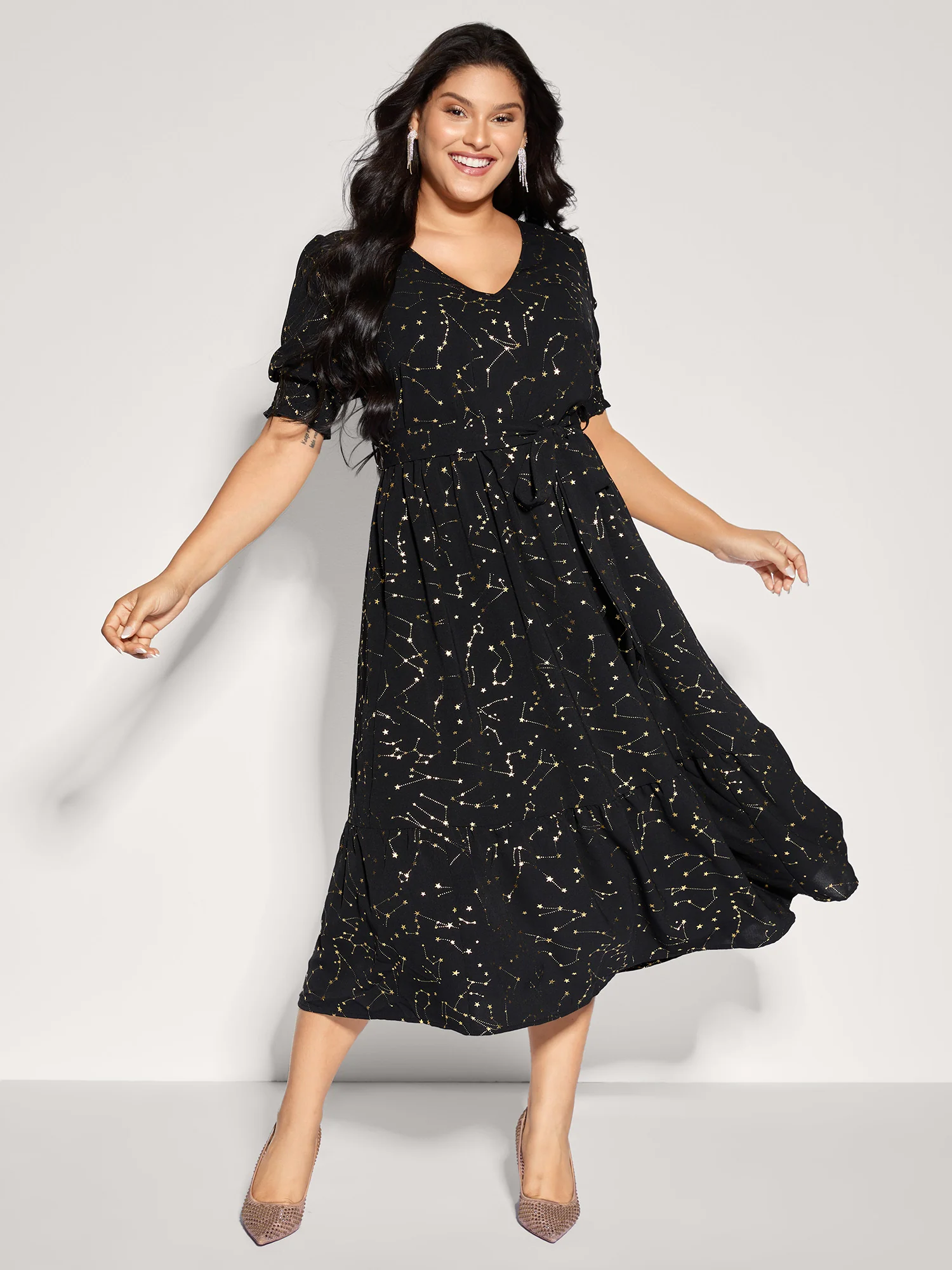 Shimmery Star Print Stretchy-Waist Midi Dress - Image 3
