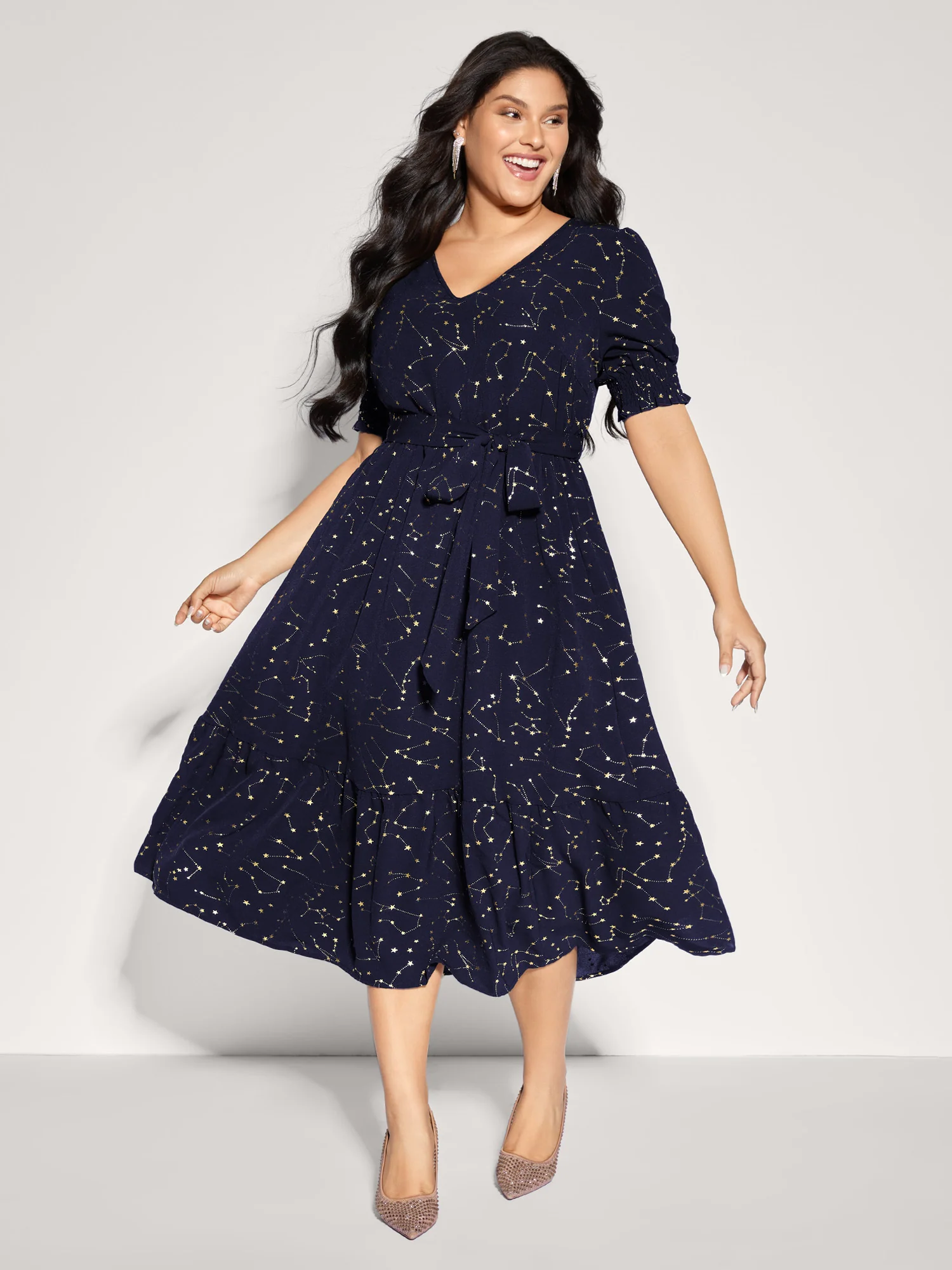 Shimmery Star Print Stretchy-Waist Midi Dress - Image 8