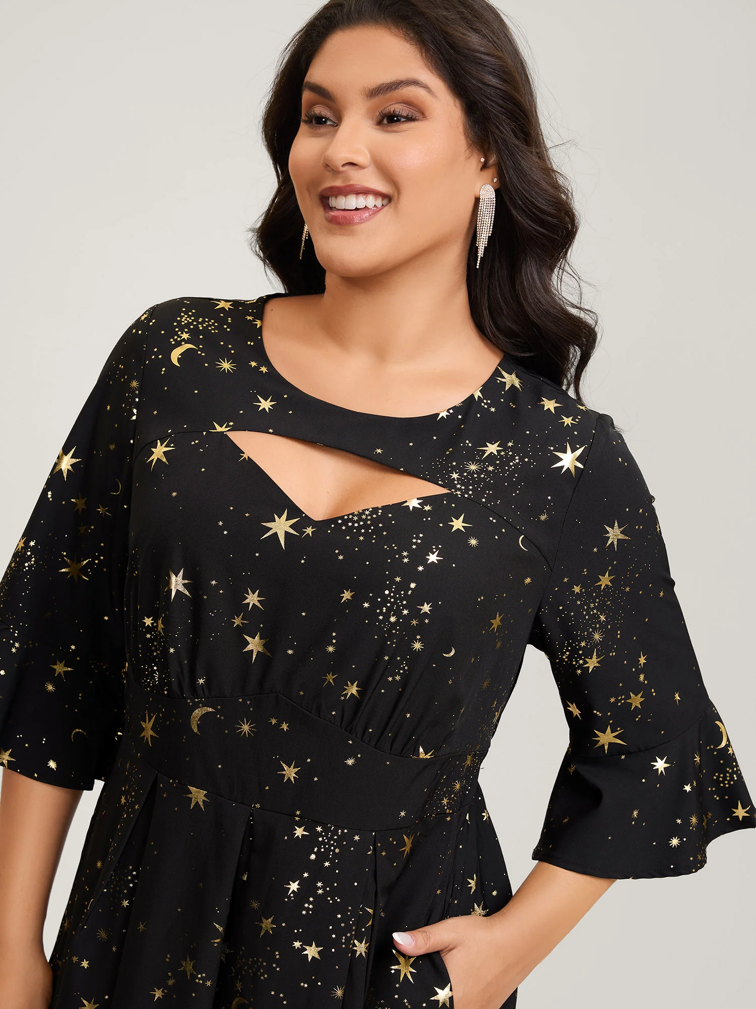 Shimmery Starry Neck Cut-Out Midi Dress - Image 2