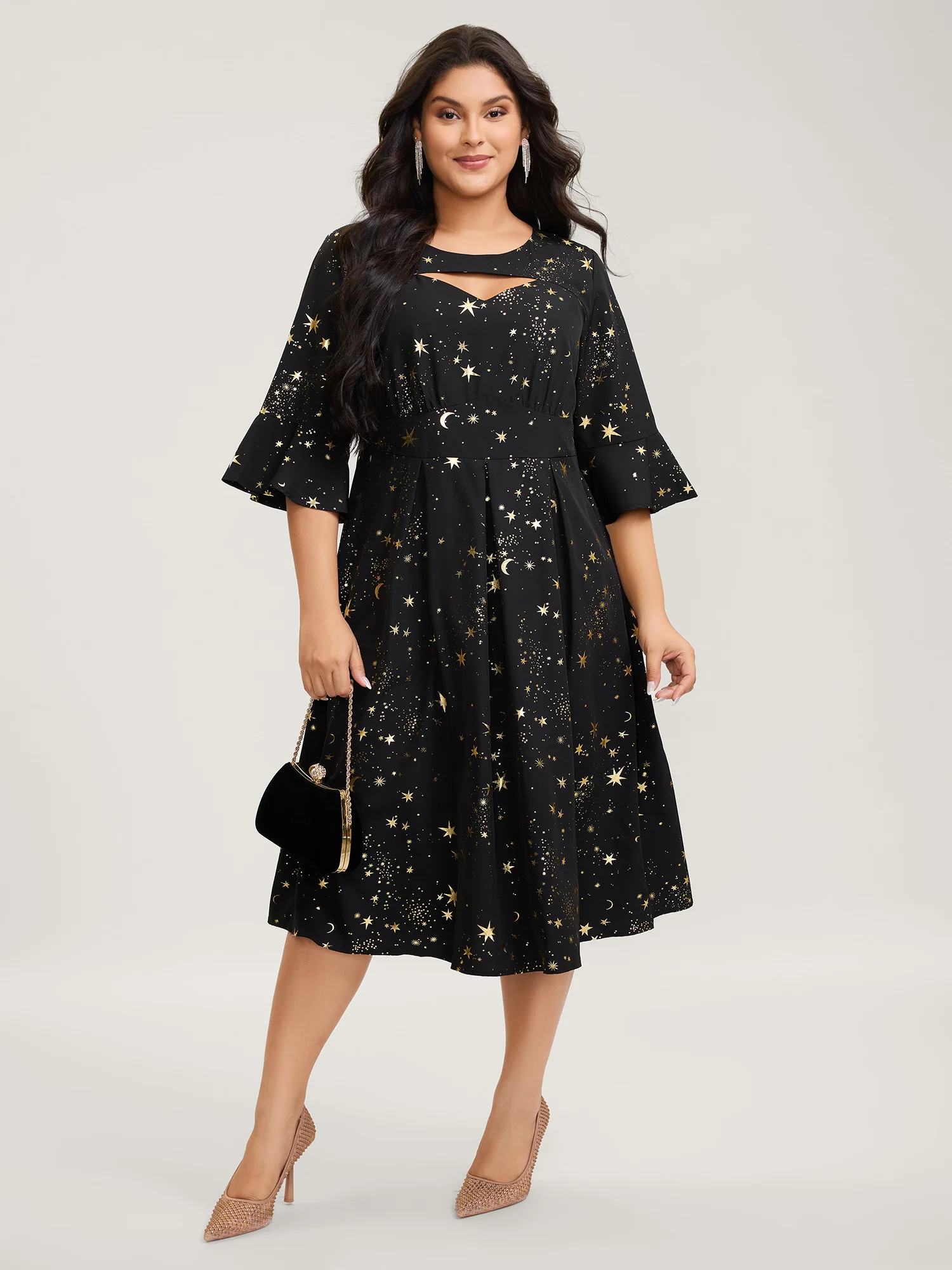 Shimmery Starry Neck Cut-Out Midi Dress - Image 3