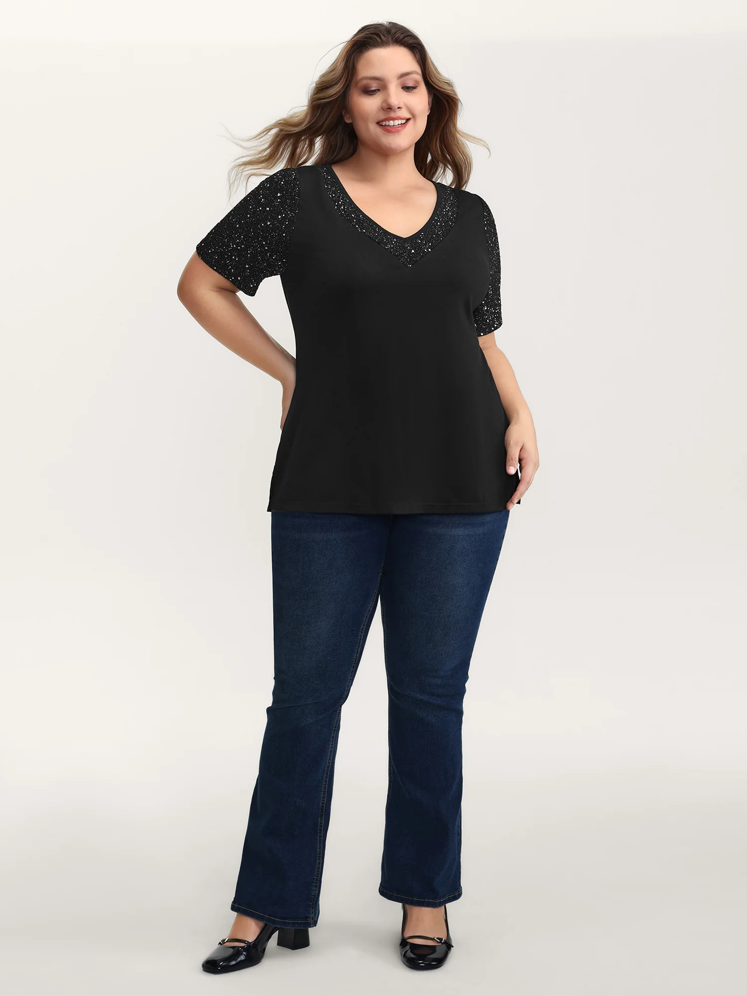 Shimmery Stretchy Spliced Fitted T-Shirt - Image 3