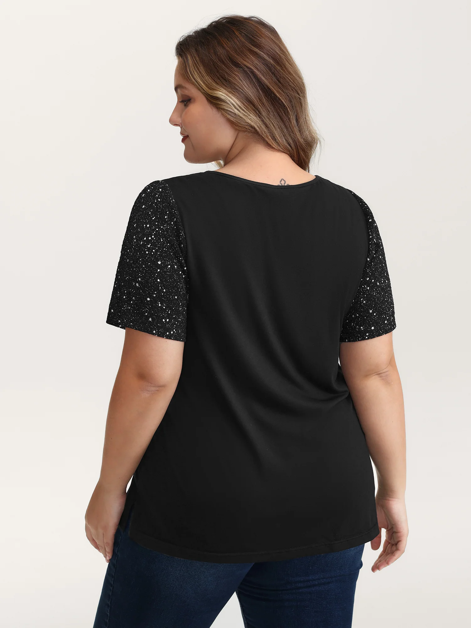Shimmery Stretchy Spliced Fitted T-Shirt - Image 4