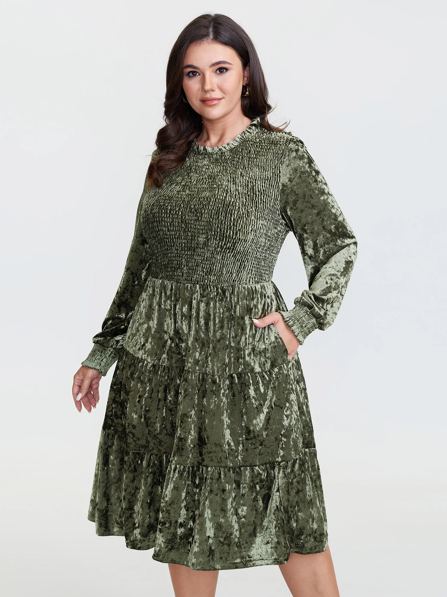 Shimmery Velvet Shirred Tiered Midi Dress - Image 2