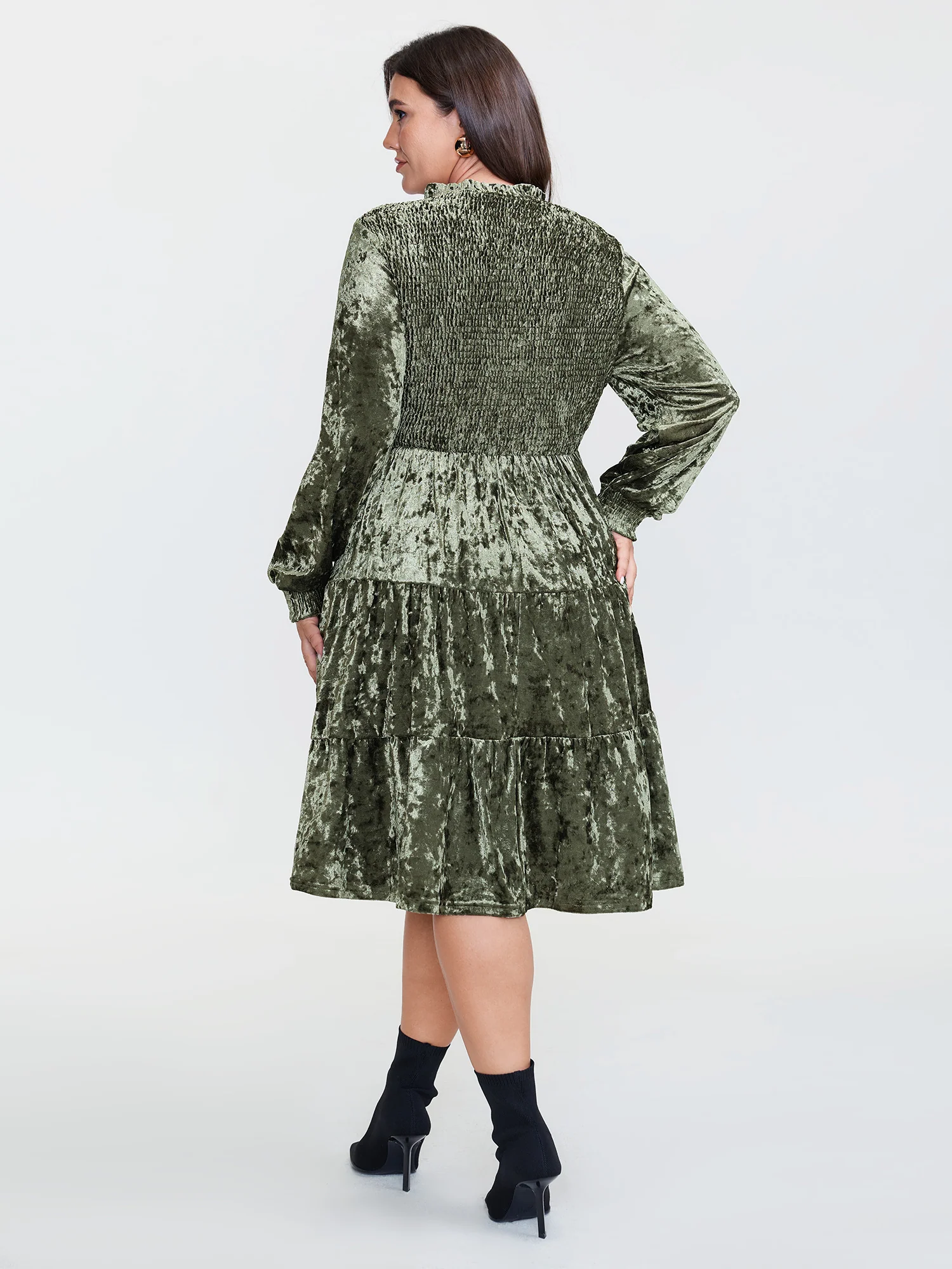 Shimmery Velvet Shirred Tiered Midi Dress - Image 4