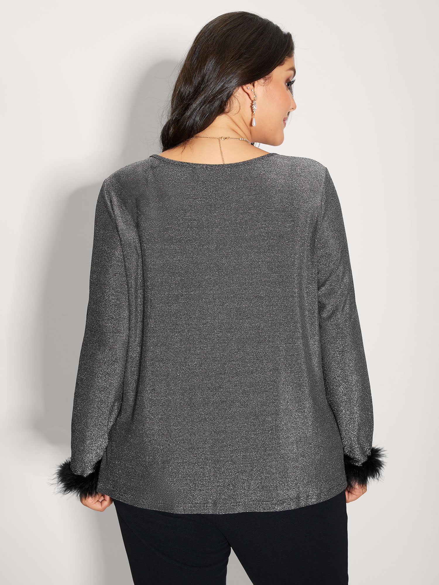 Shiny Silk Fur Cuffs Blouse - Image 4