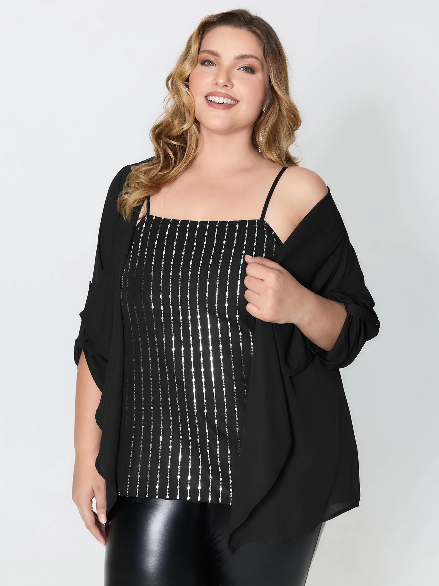 Shiny Silk Two-Piece Ruffled Blouse - Image 2