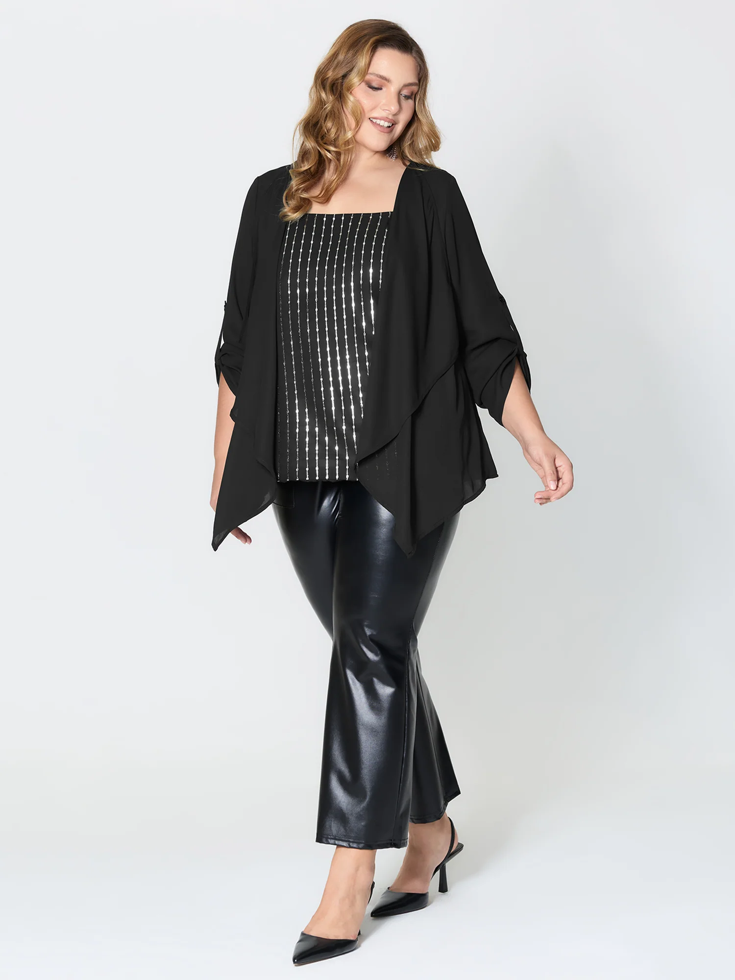 Shiny Silk Two-Piece Ruffled Blouse - Image 3