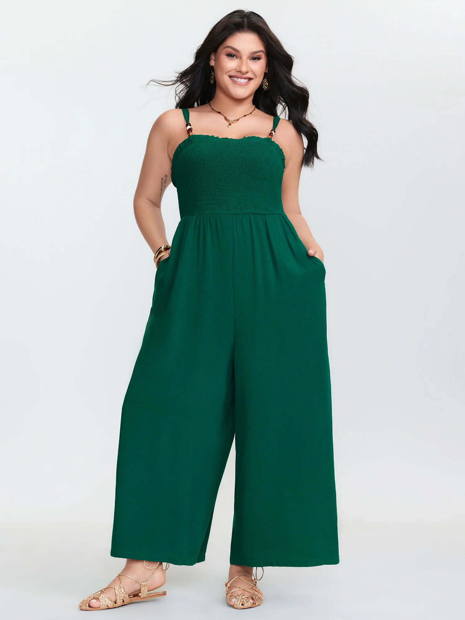 Shirred Bodice Adjustable Wide-Leg Jumpsuit - Image 3
