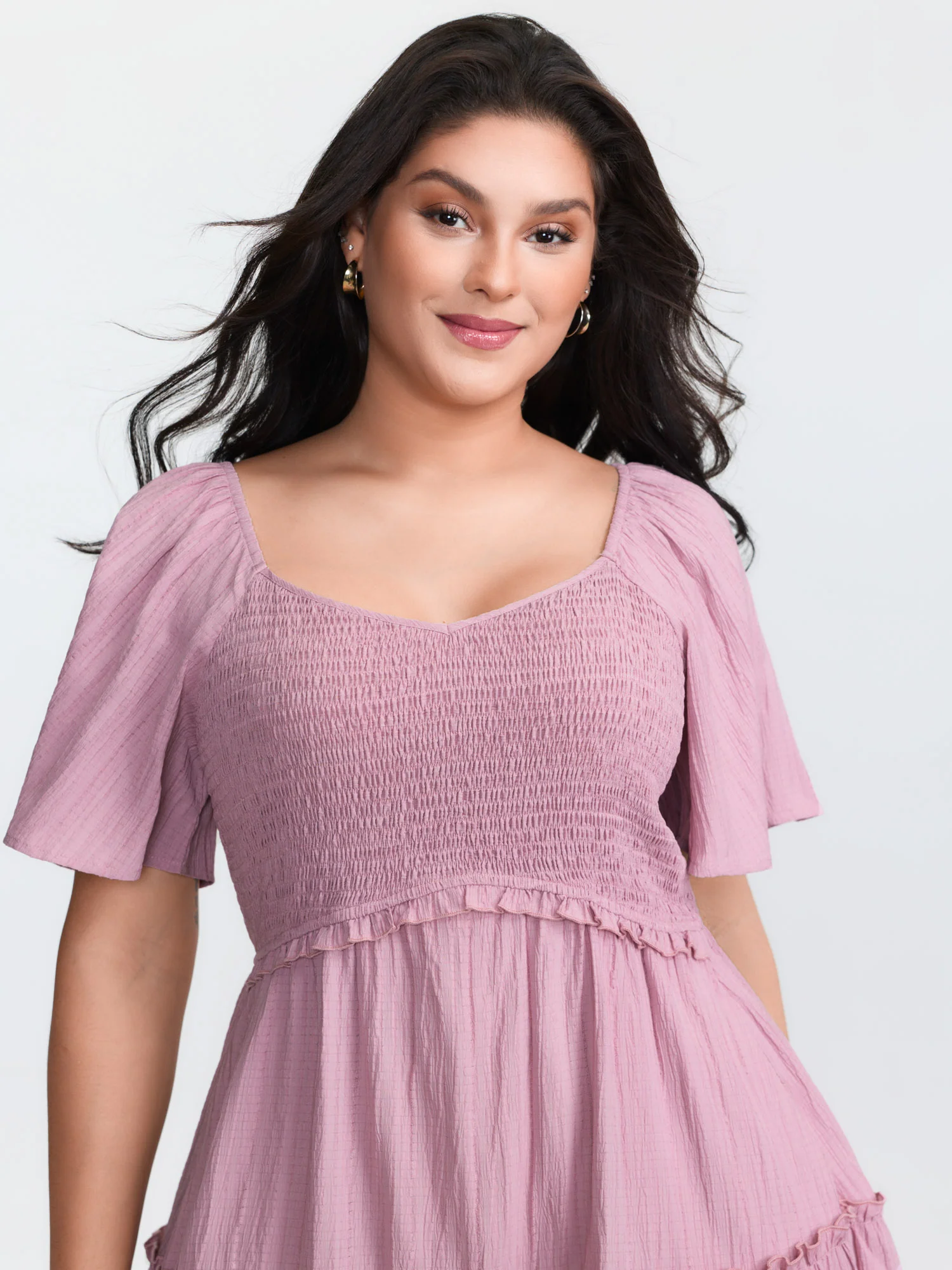 Shirred Bodice Flared Sleeve Pockets Mini Dress - Image 2