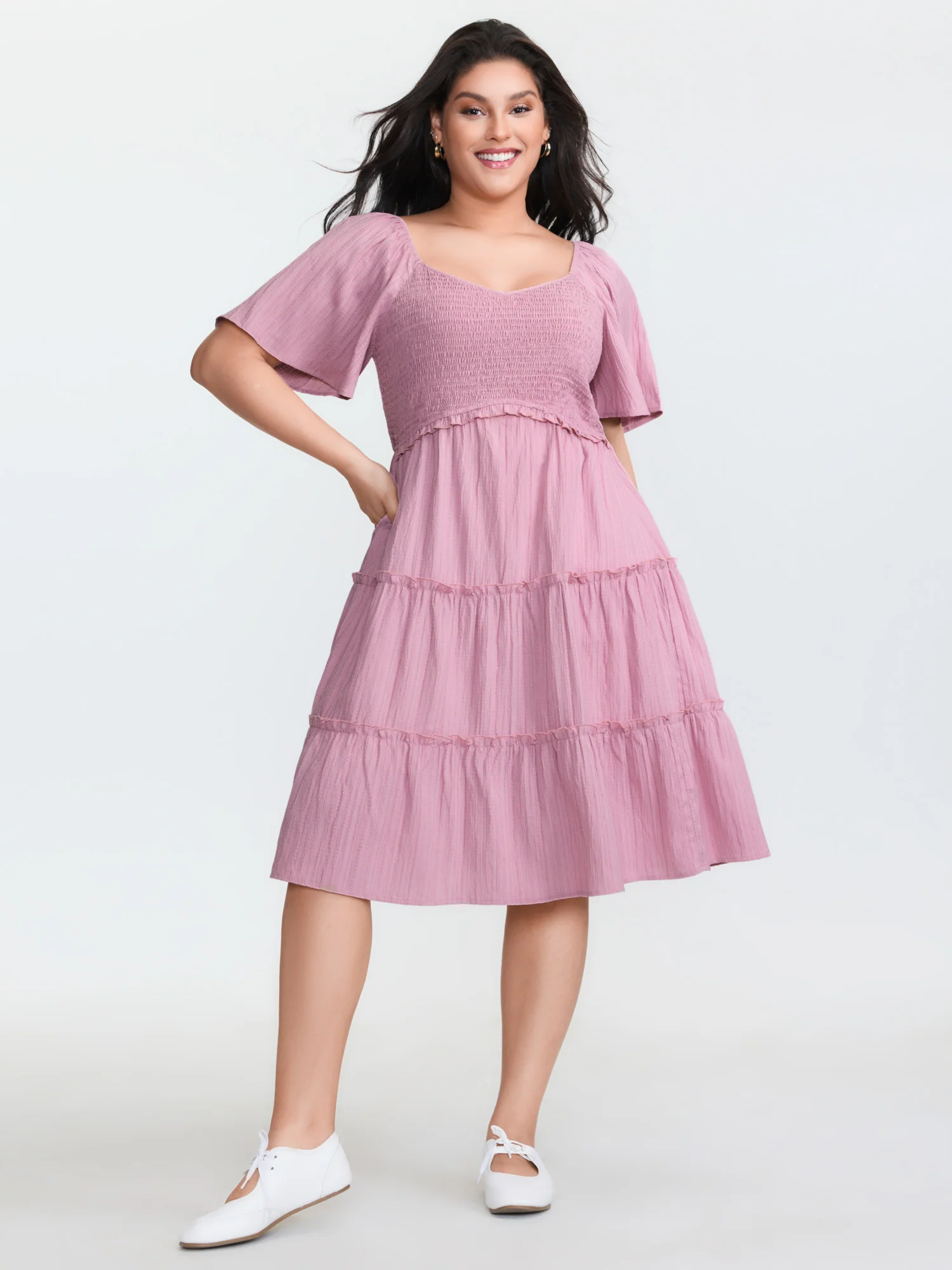 Shirred Bodice Flared Sleeve Pockets Mini Dress - Image 3