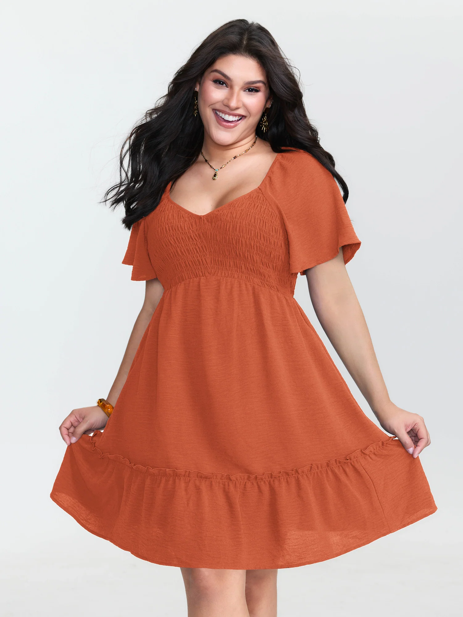 Shirred Bodice Ruffle Hem Flowy Mini Dress - Image 16