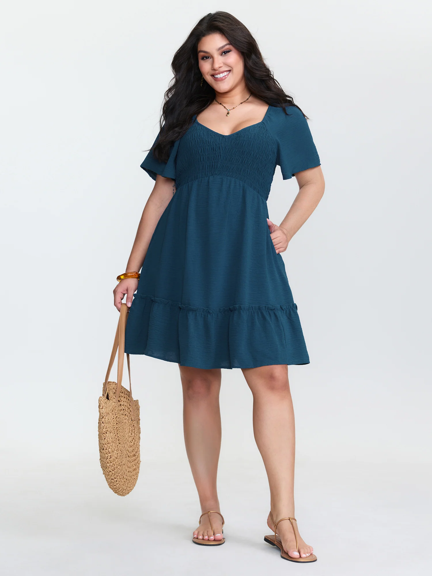 Shirred Bodice Ruffle Hem Flowy Mini Dress - Image 2