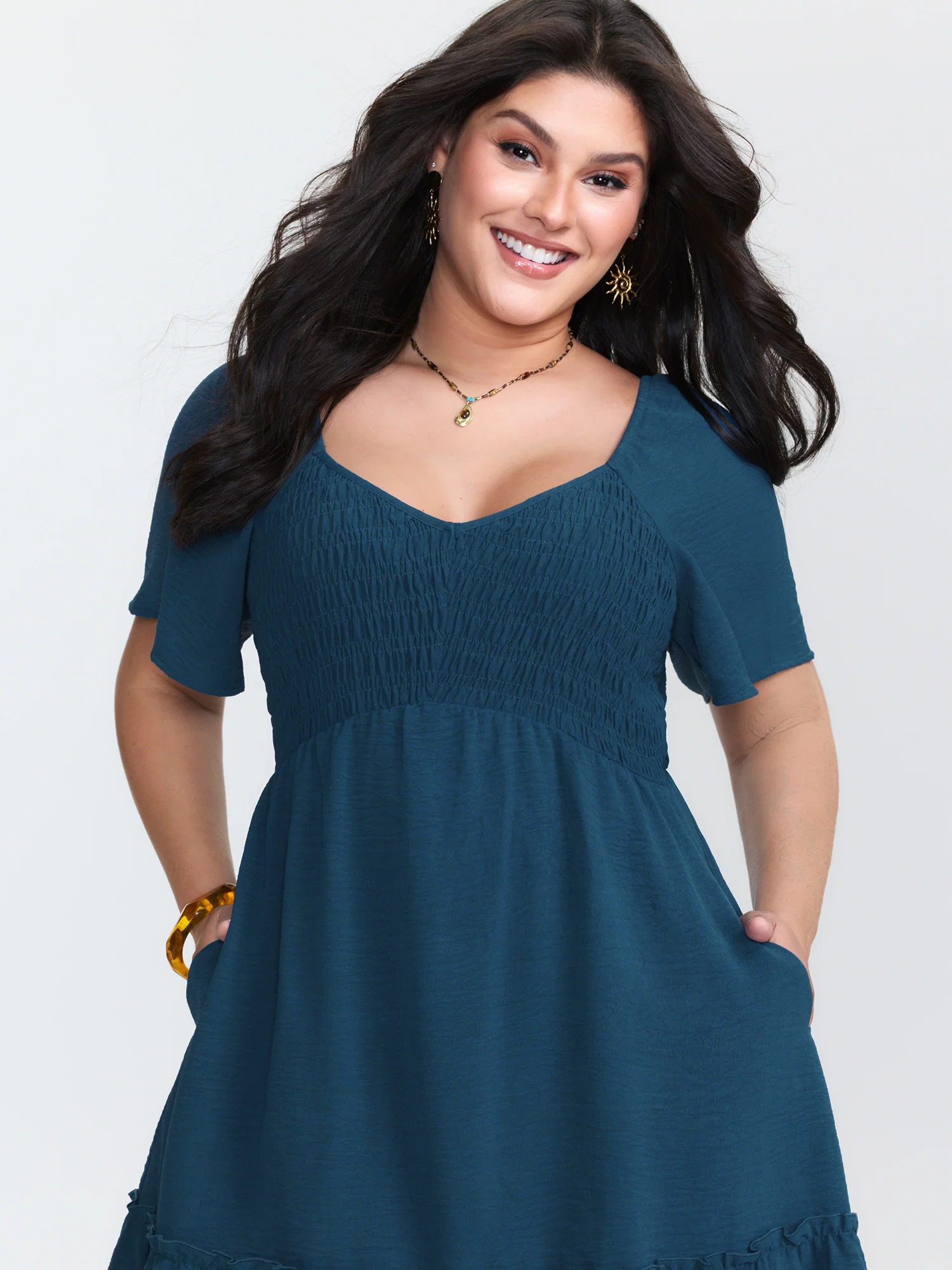 Shirred Bodice Ruffle Hem Flowy Mini Dress - Image 3