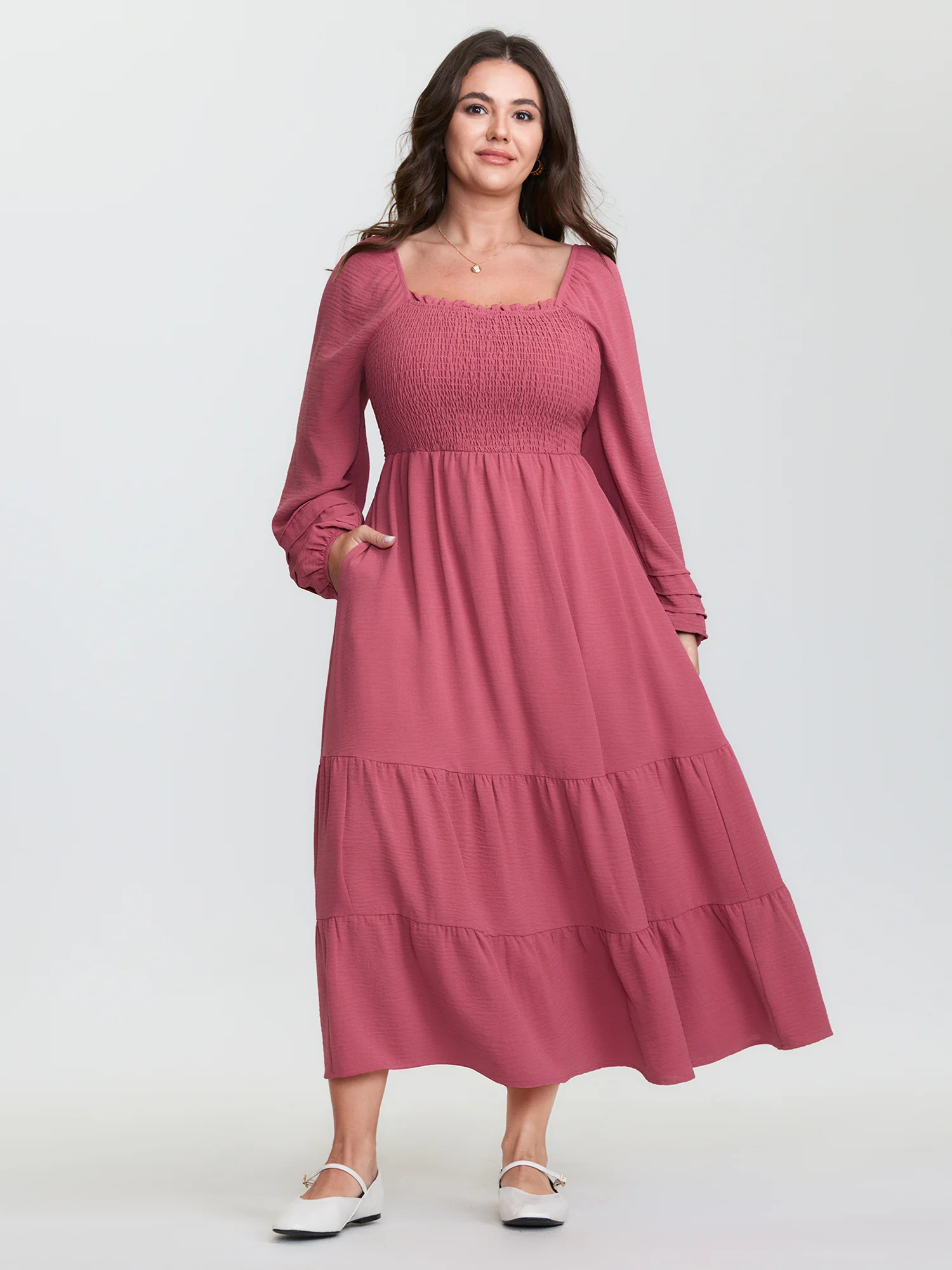 Shirred Bodice Pockets Tiered Maxi Dress - Image 3