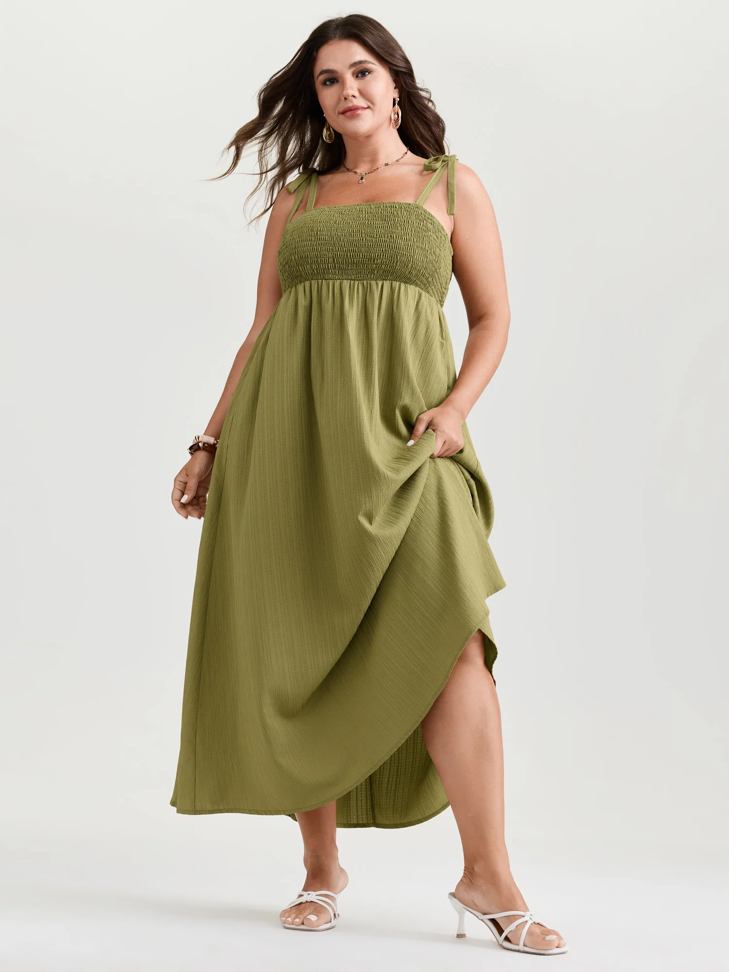 Shirred Bodice Shoulder Ties Maxi Dress