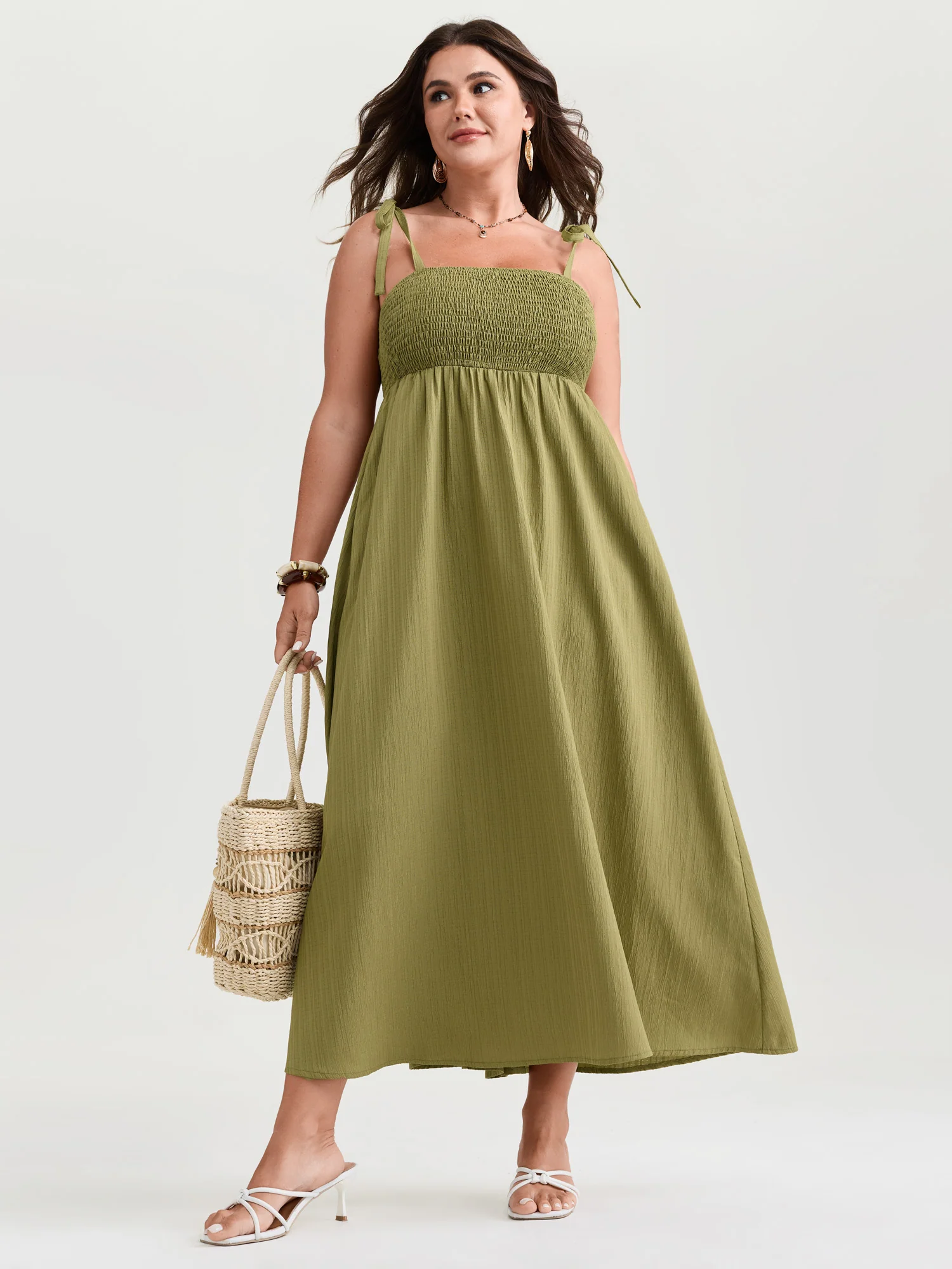 Shirred Bodice Shoulder Ties Maxi Dress - Image 3