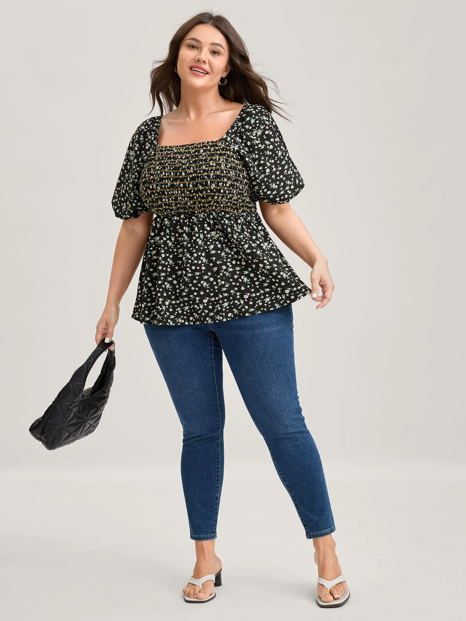 Shirred Bust Floral Fit and Flared Blouse - Image 2
