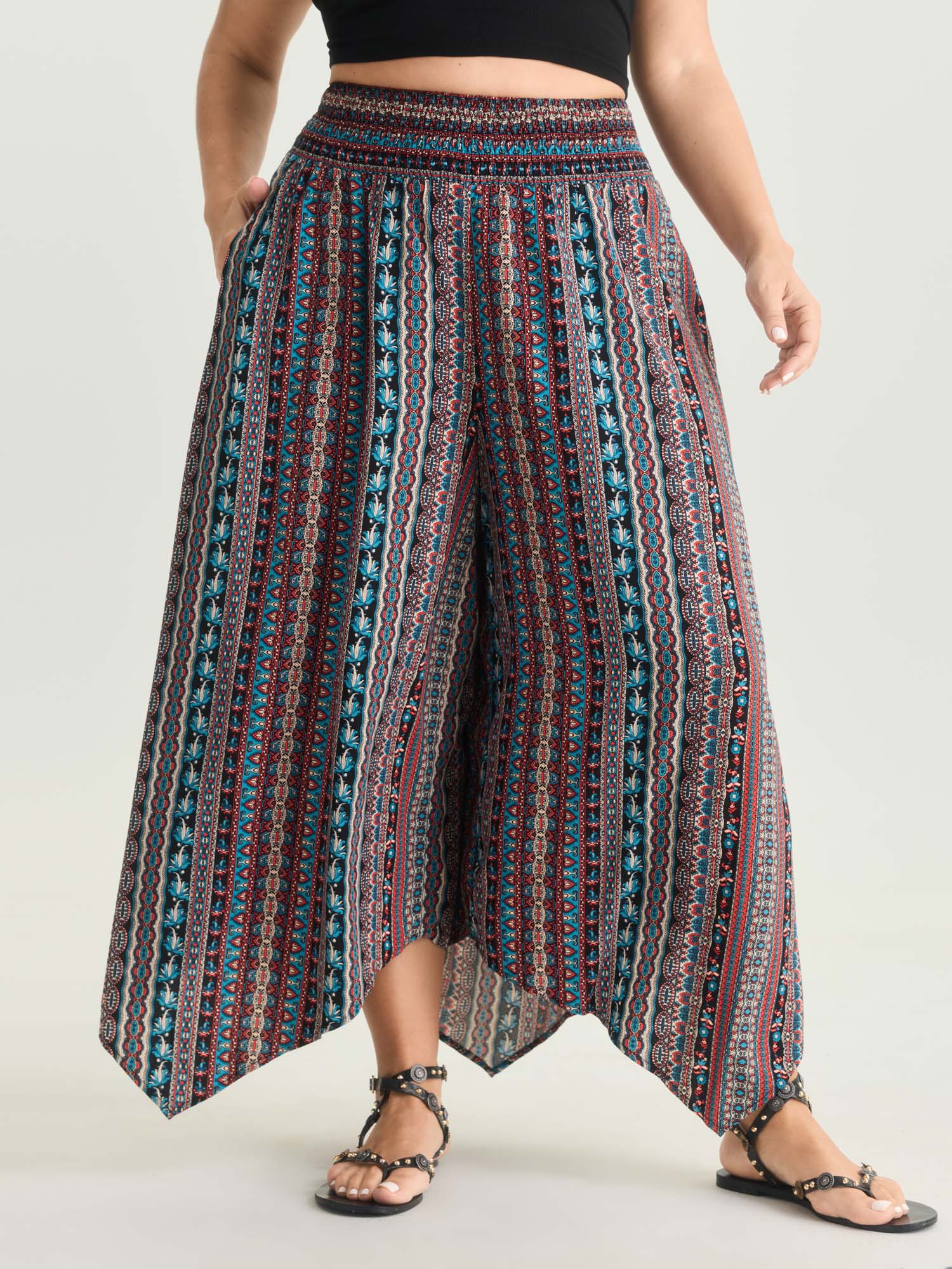 Shirred Colorful Asymmetric Hem Pants - Image 2