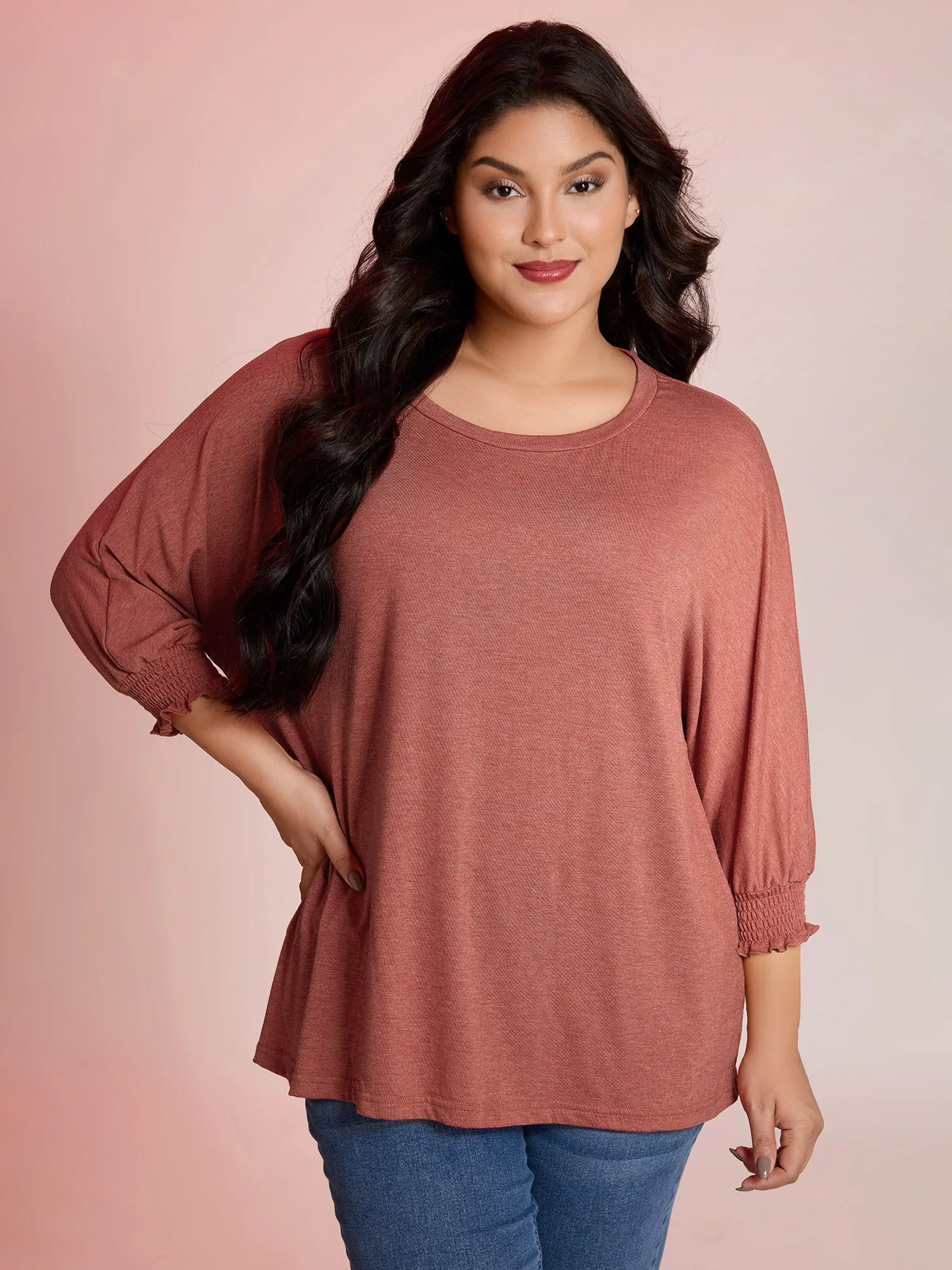 Shirred Cuff Sleeve Round Neck T-Shirt - Image 2