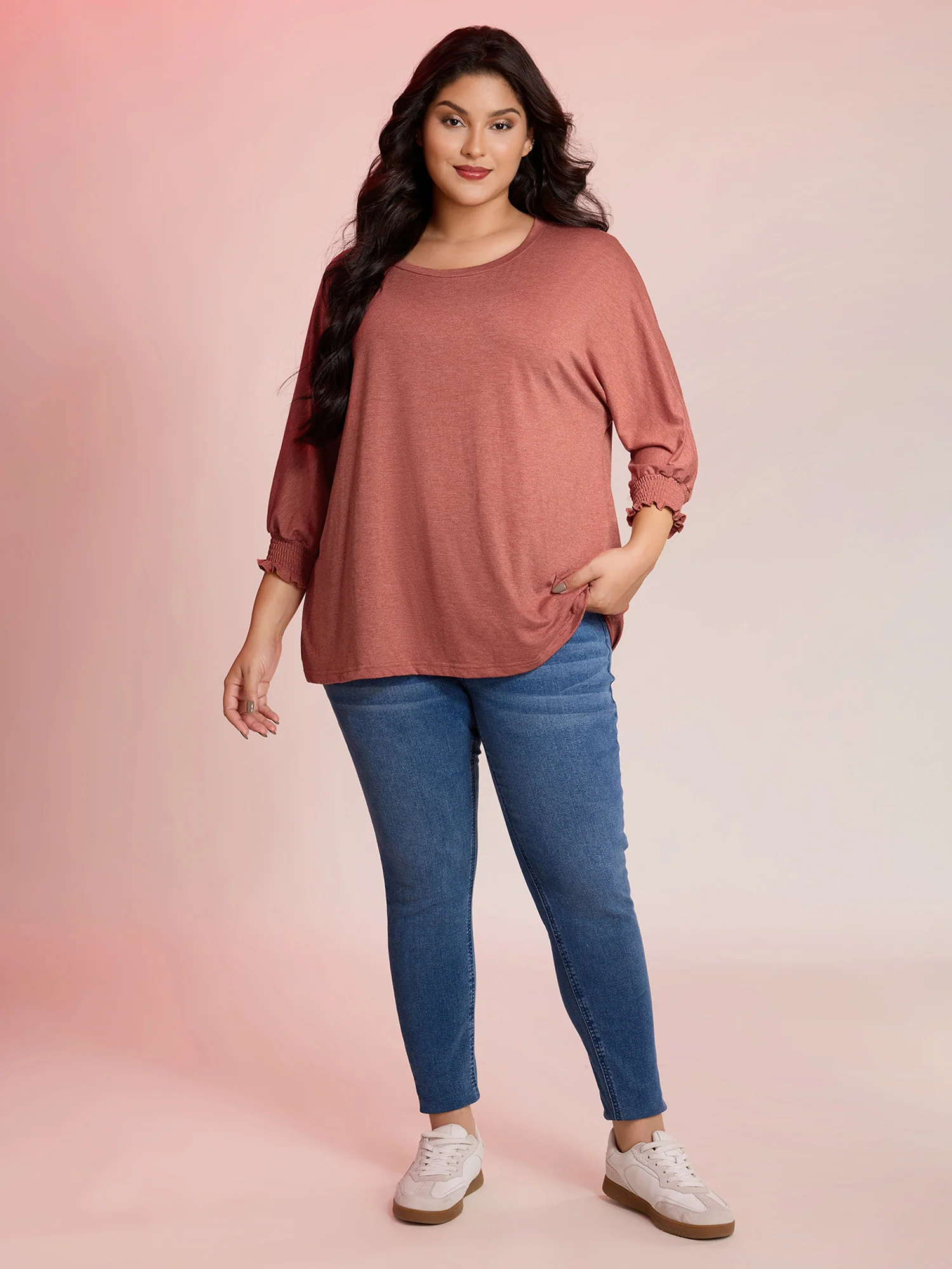Shirred Cuff Sleeve Round Neck T-Shirt - Image 3