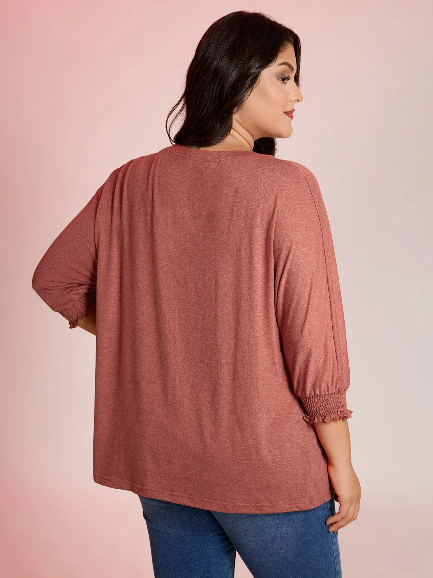 Shirred Cuff Sleeve Round Neck T-Shirt - Image 4
