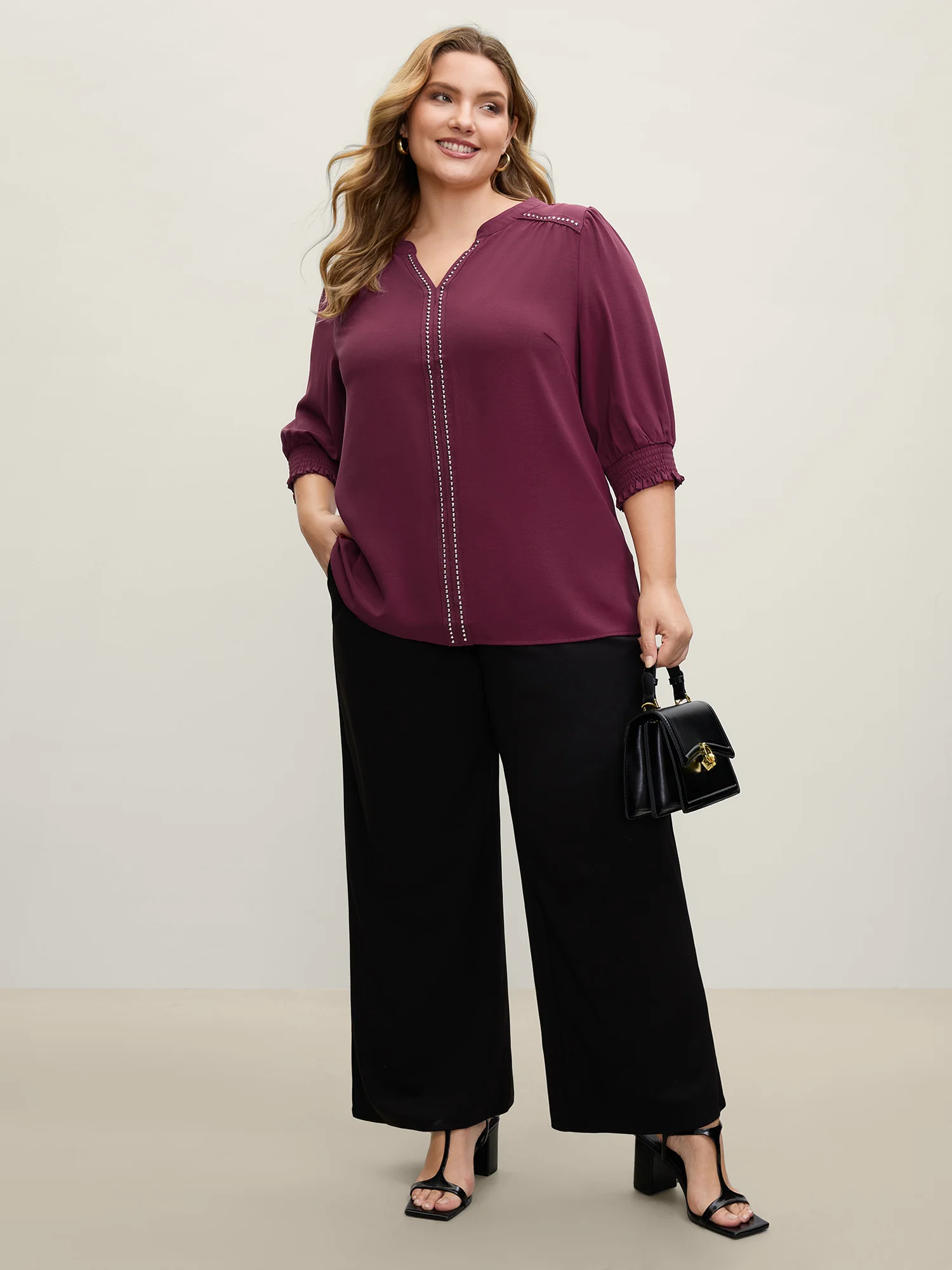 Shirred Cuffs Contrast Metallic Detail Blouse - Image 3