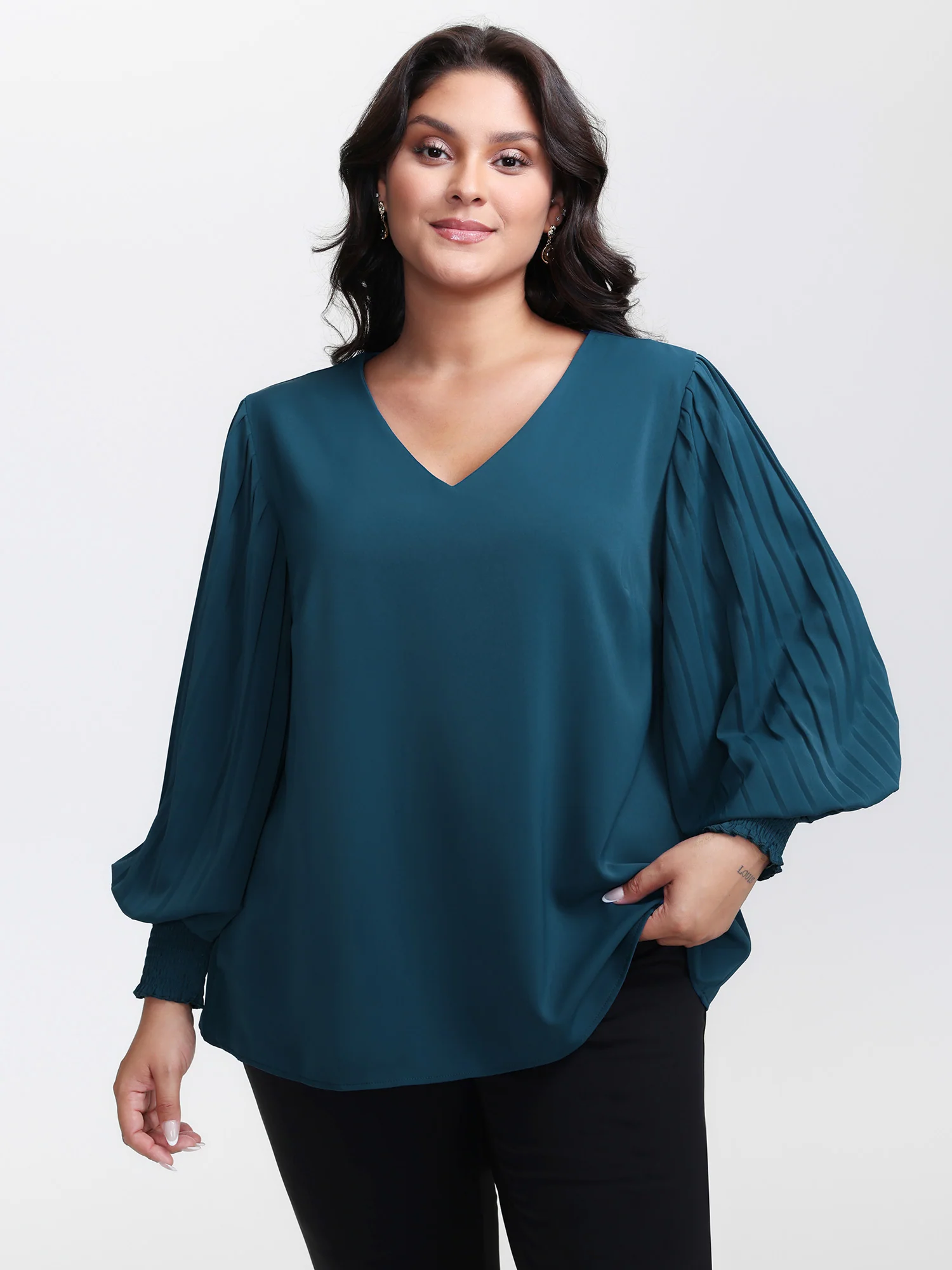 Shirred Cuffs Pleated Sleeve Blouse - Image 2