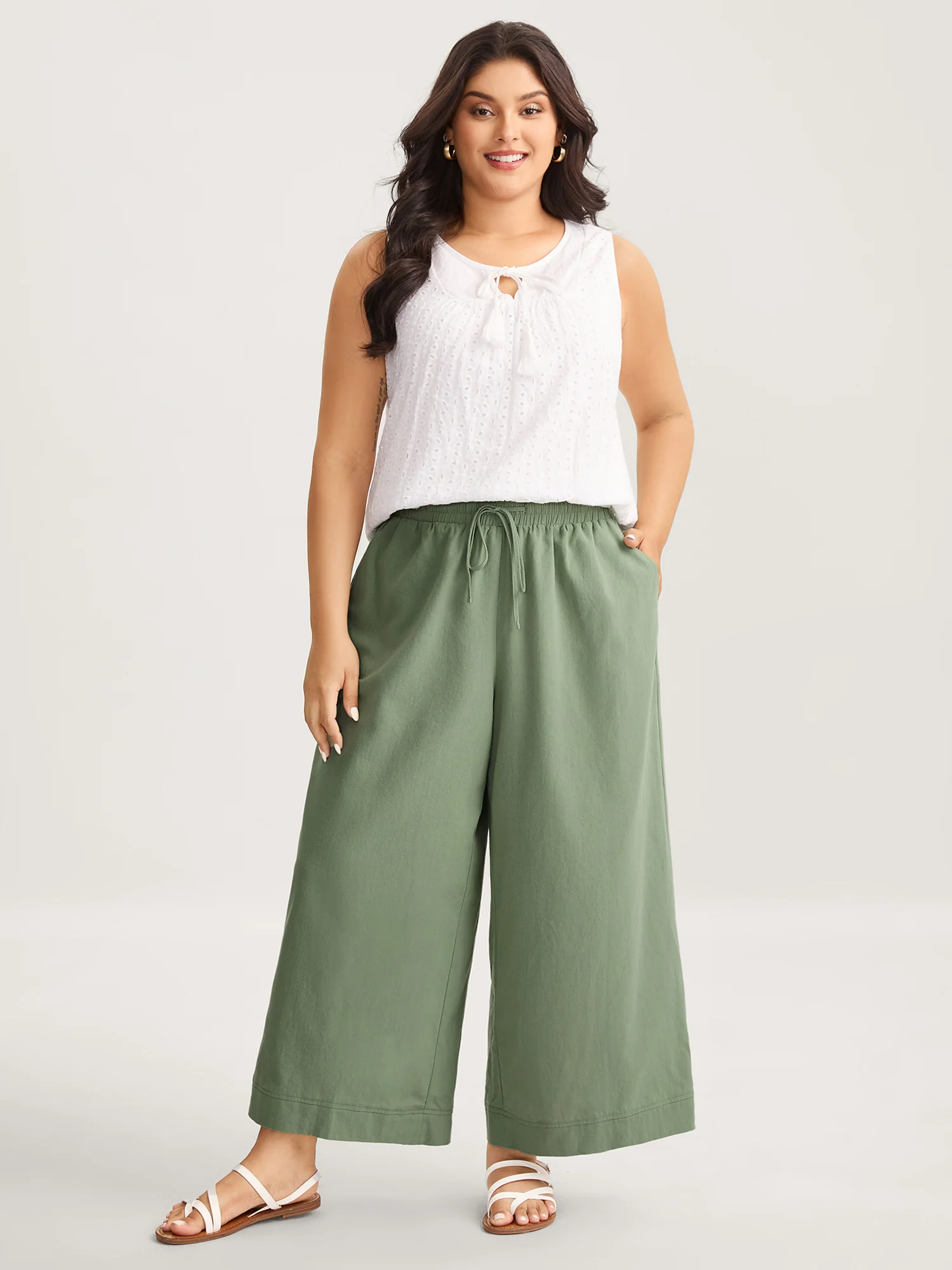 Cotton Shirred Drawstring Solid Wide-Leg Pants - Image 2
