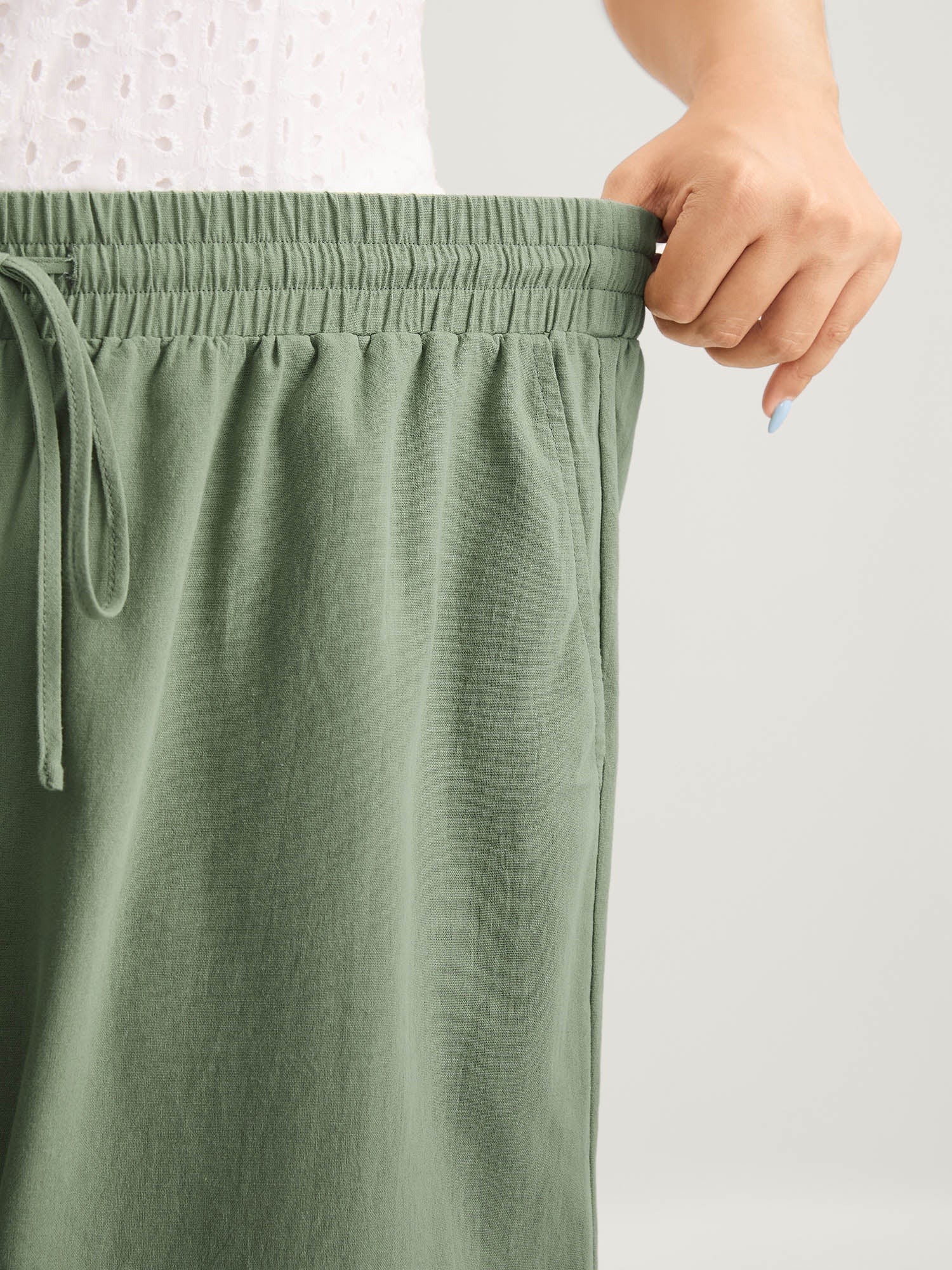 Cotton Shirred Drawstring Solid Wide-Leg Pants - Image 4